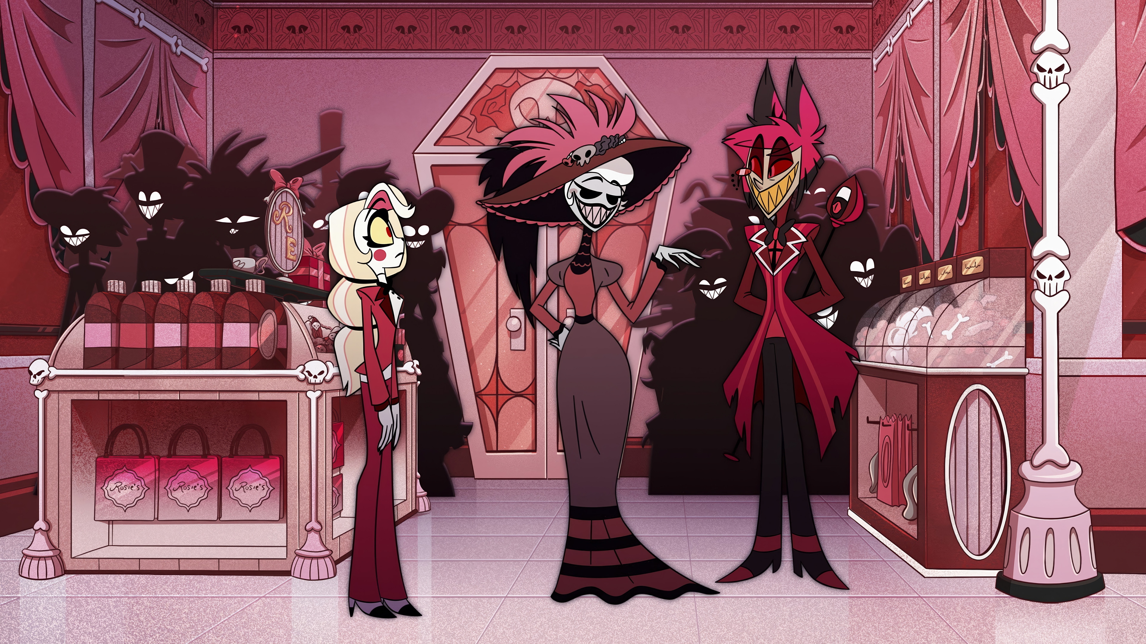 Hazbin Hotel: Charlie Morningstar, Rosie, and Alastor HD Wallpaper