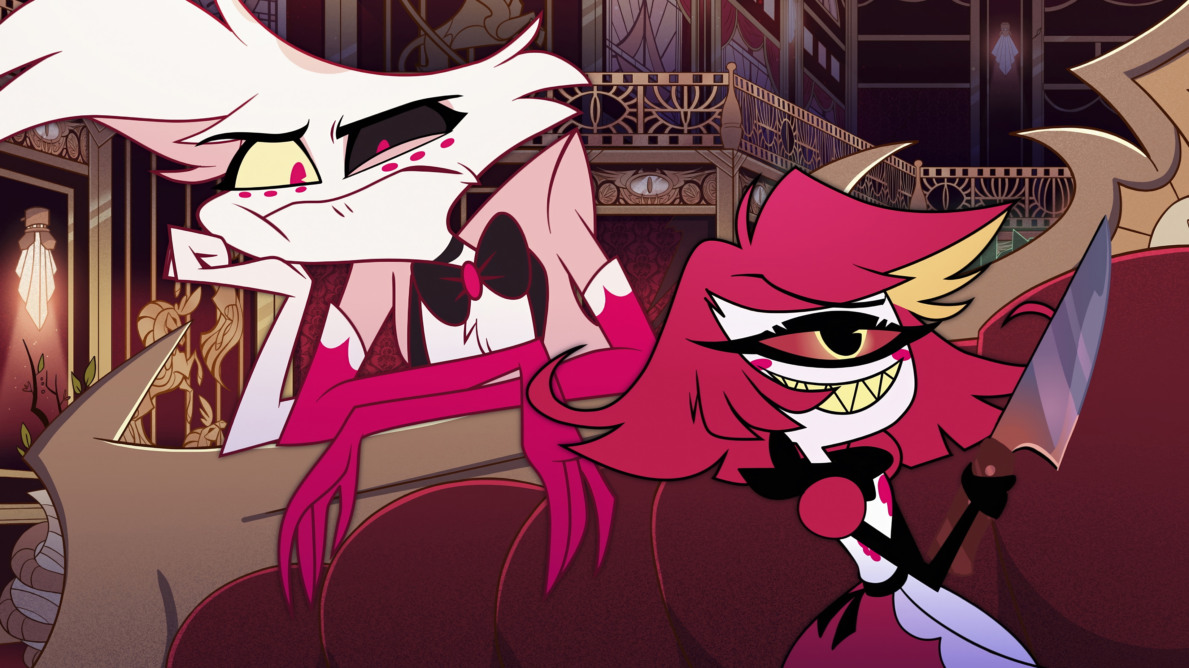 Hazbin Hotel: Angel Dust and Niffty with a knife HD Wallpaper