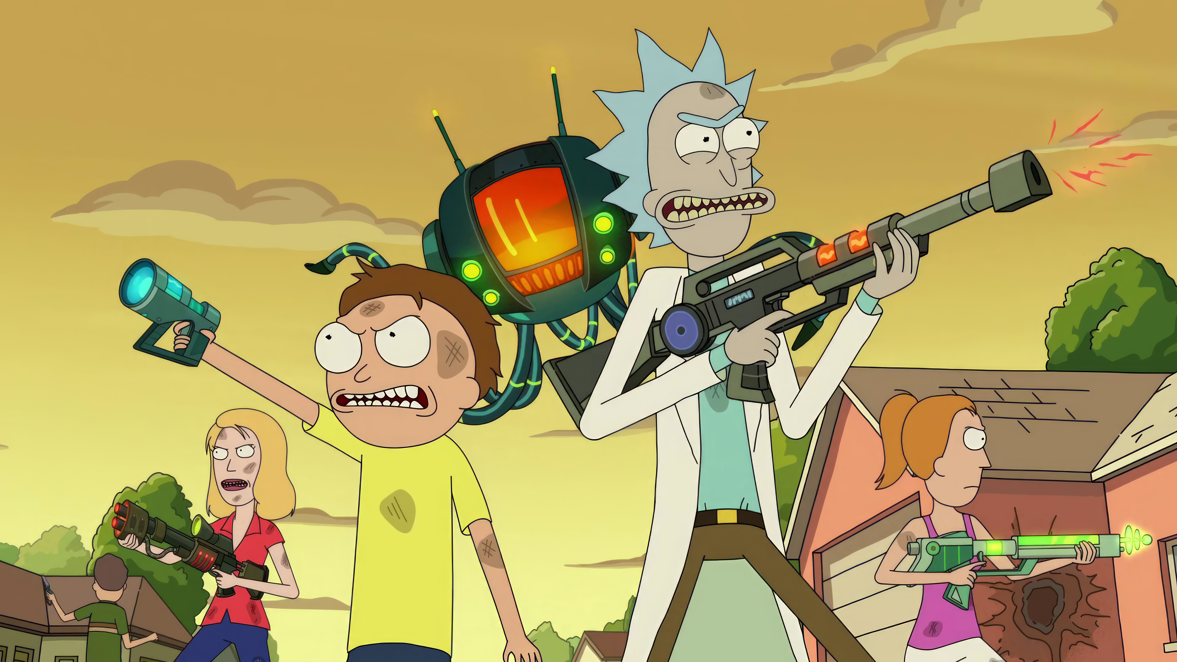 Rick and Morty with weapons and robot HD Wallpaper