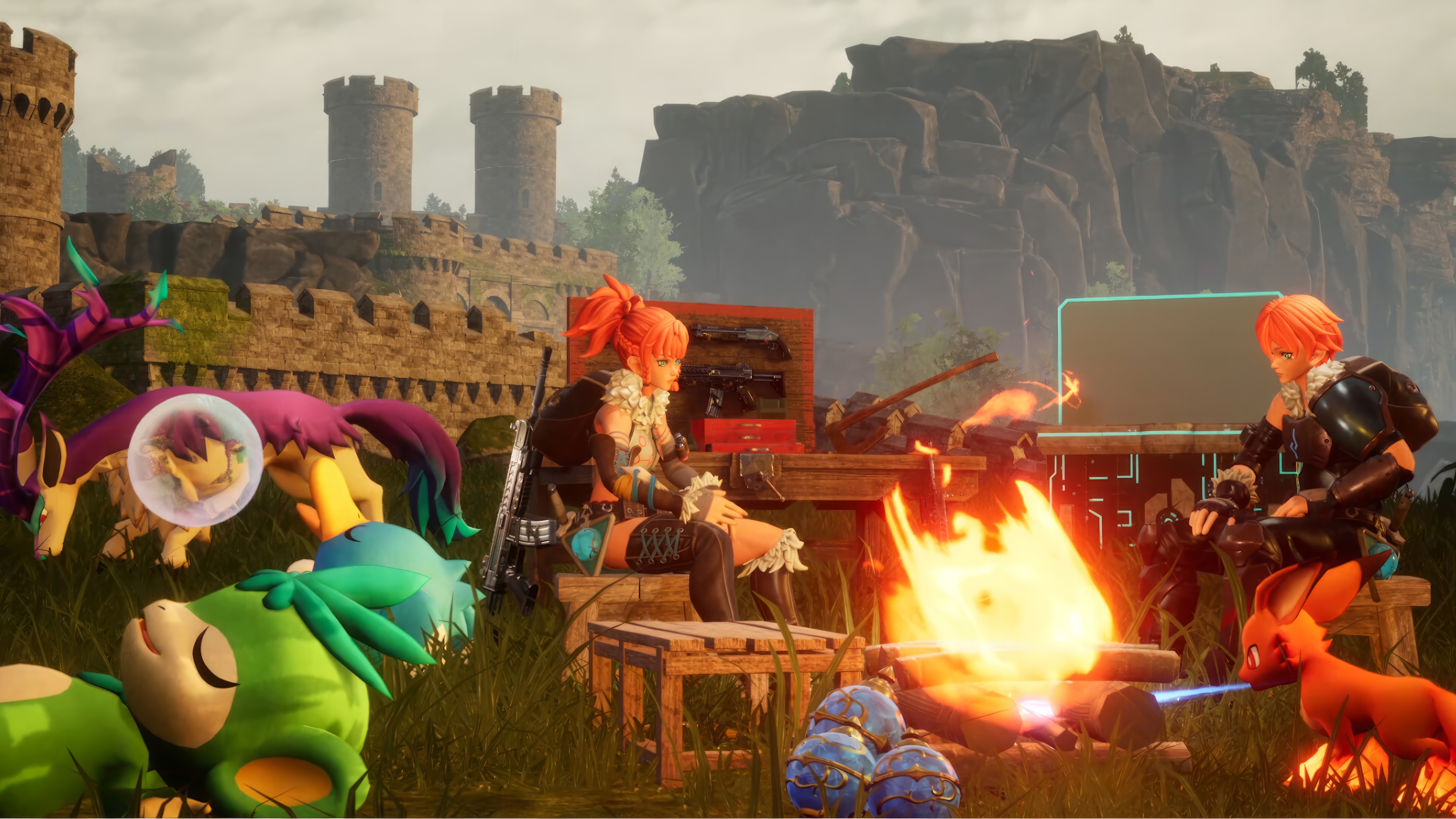 Palworld characters camping by a campfire HD Wallpaper