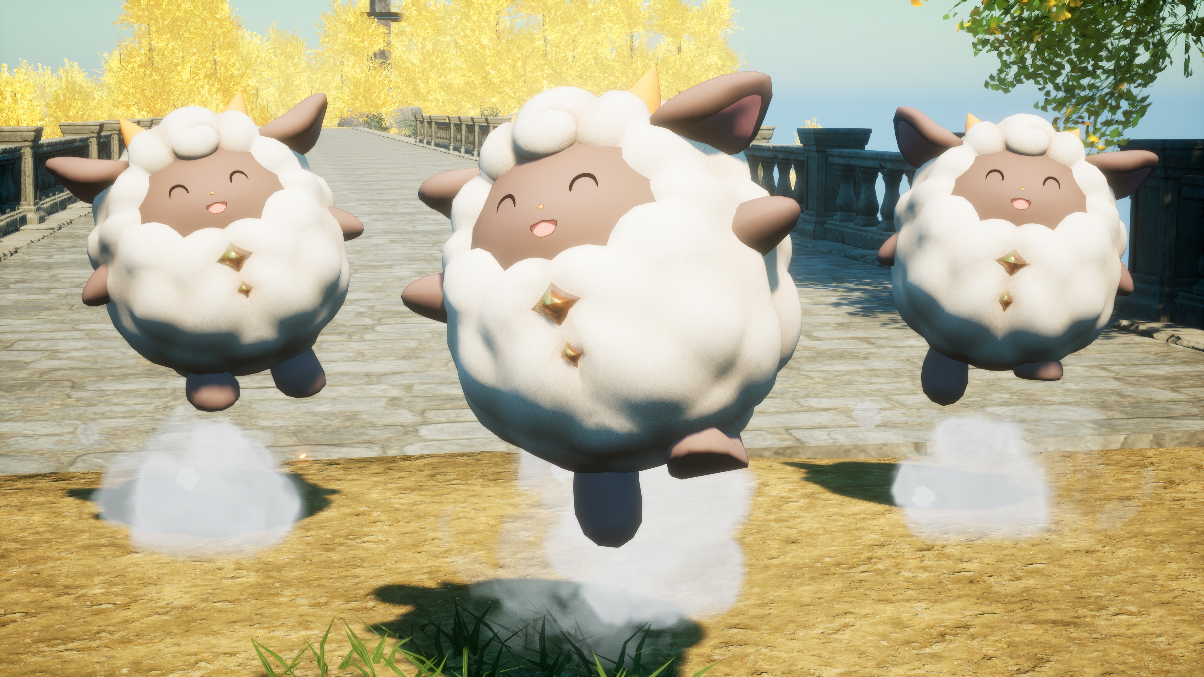 Palworld: Three fluffy sheep creatures jumping HD Wallpaper