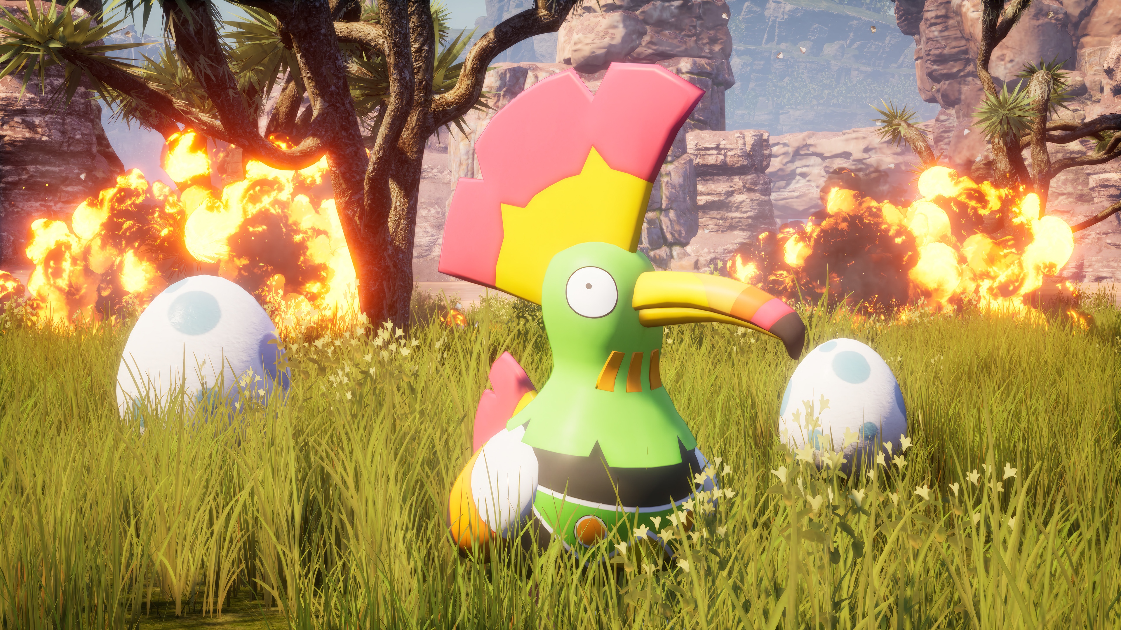 Palworld 4K: A Pokemon-like creature and eggs near an explosion HD Wallpaper