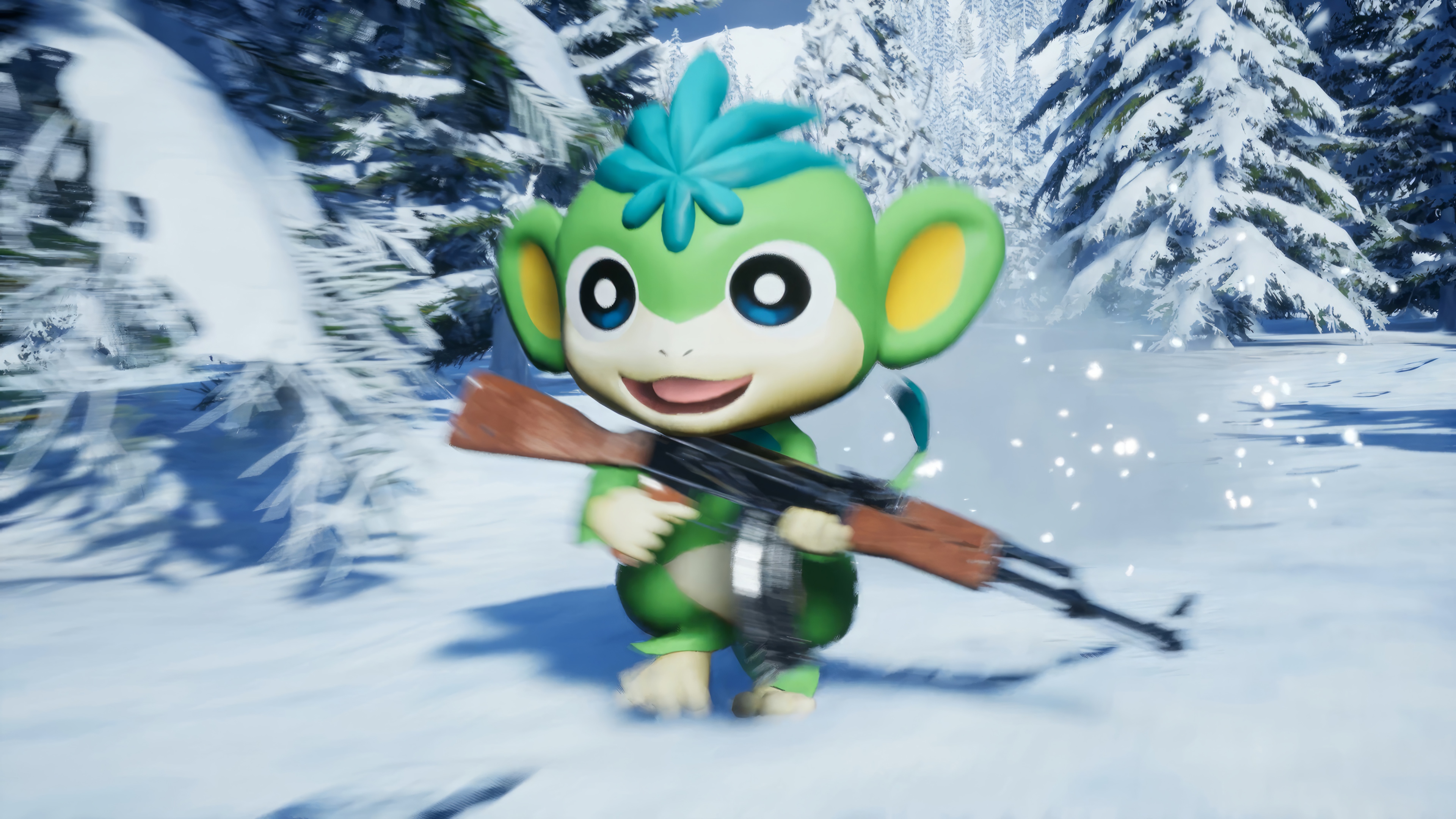 Palworld monkey holding a gun in the snow HD Wallpaper
