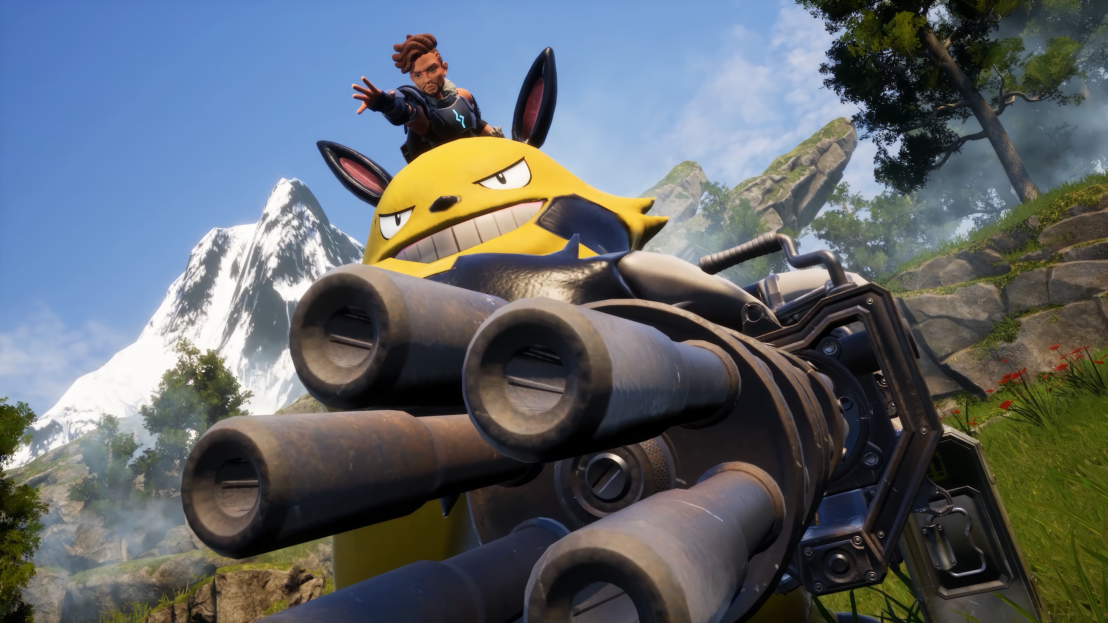 Palworld: Man riding a yellow creature with a gun HD Wallpaper
