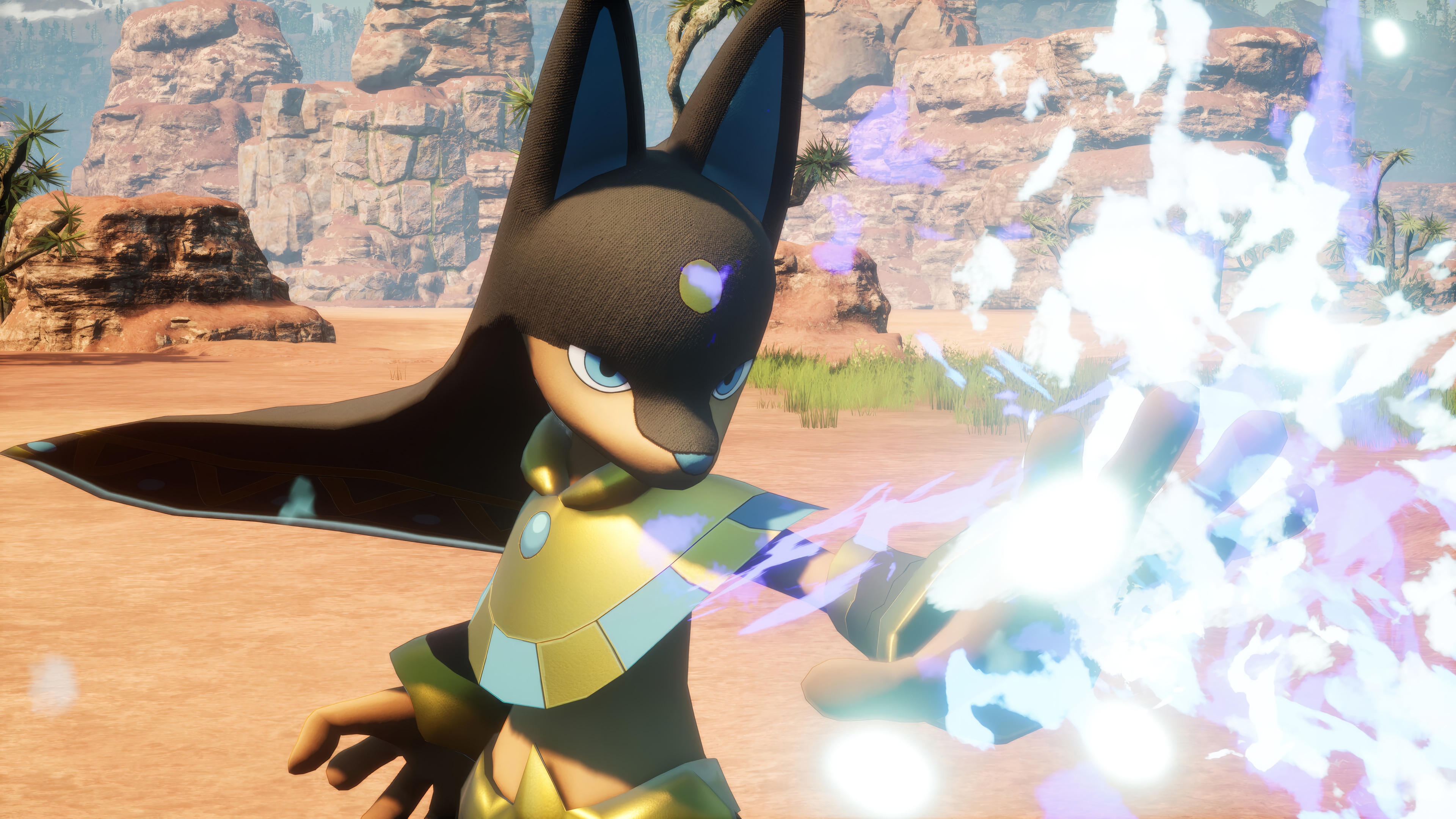 Palworld character casting a spell in a desert HD Wallpaper