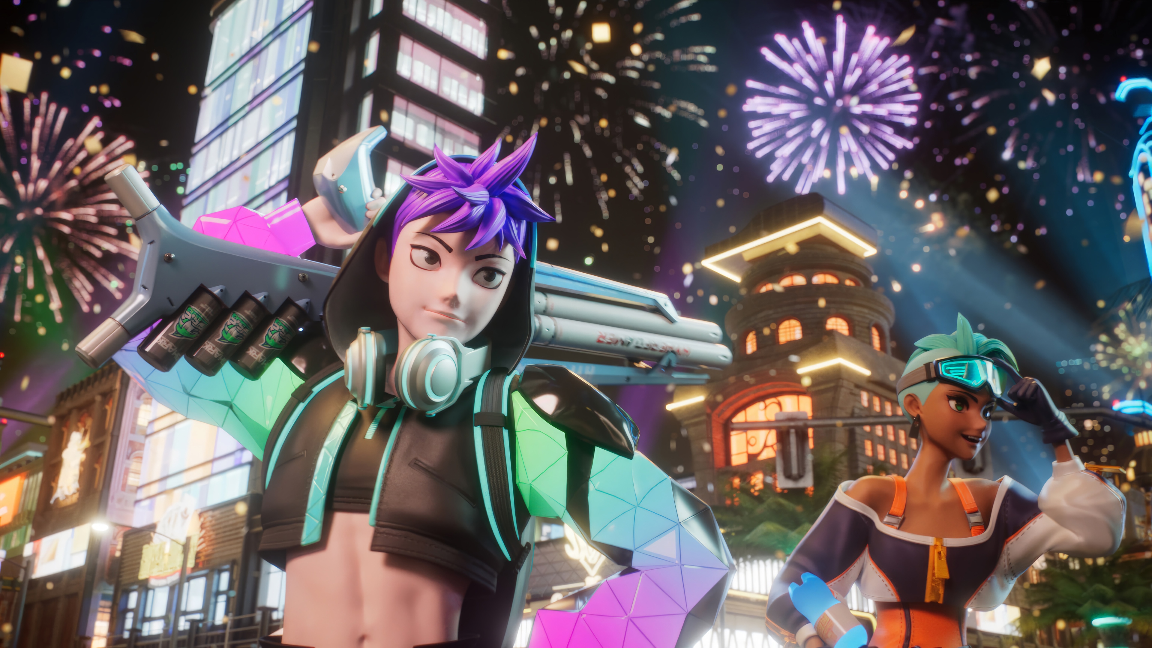 Foamstars characters with fireworks in the background HD Wallpaper