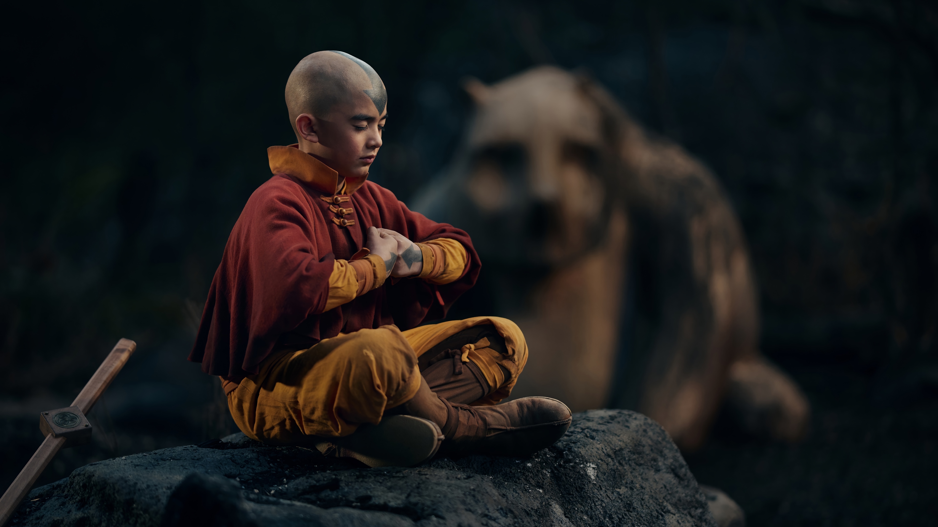 Aang meditating with Appa in the background 4K HD Wallpaper