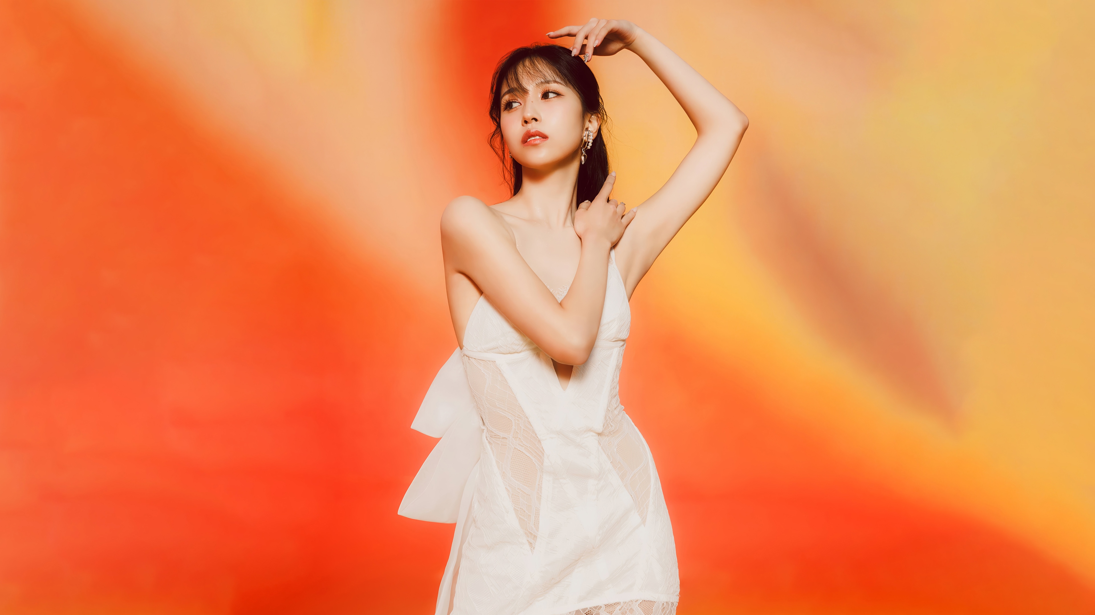 Mina from TWICE in a white dress HD Wallpaper