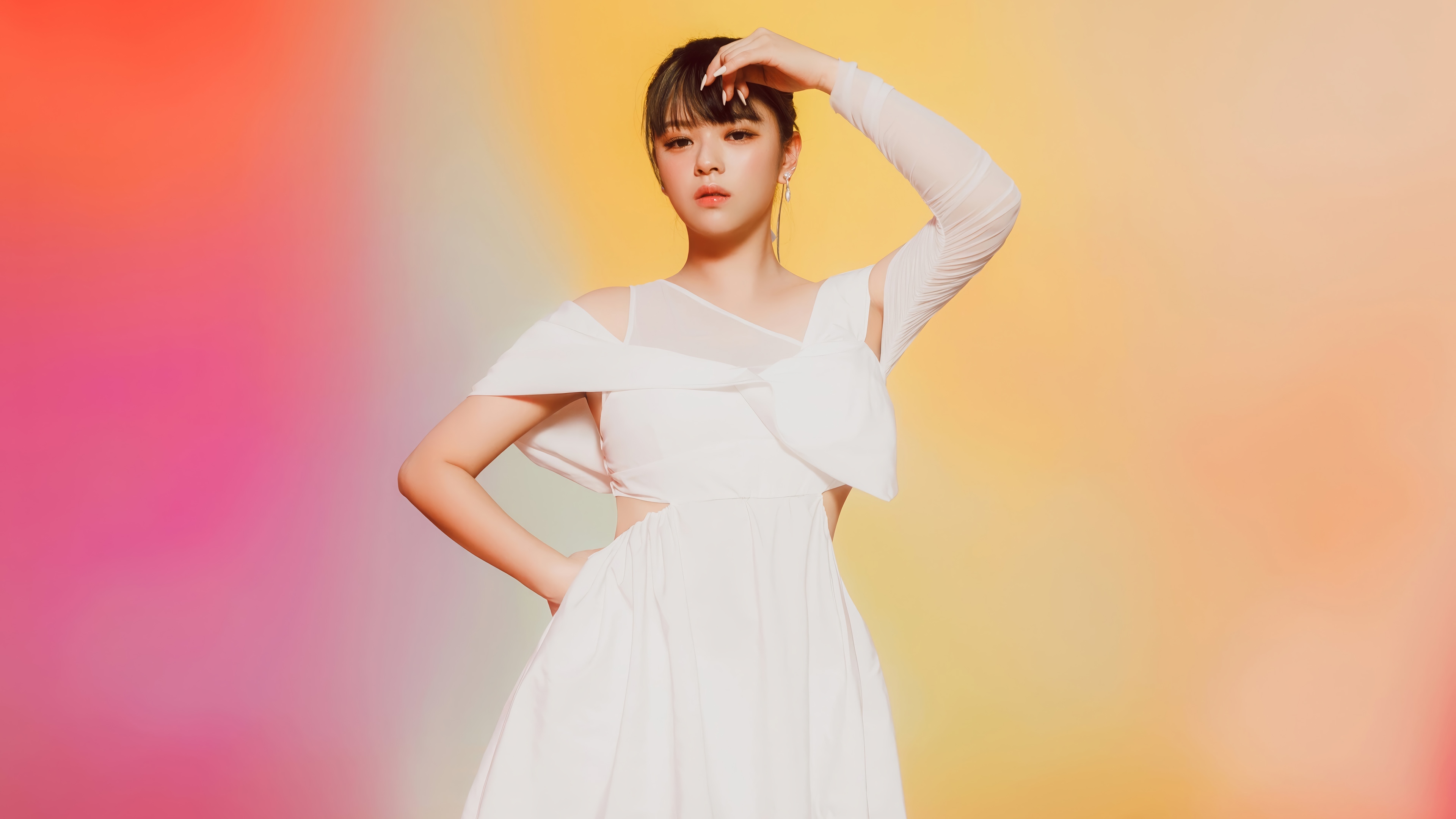 Jeongyeon of TWICE in a white dress HD Wallpaper