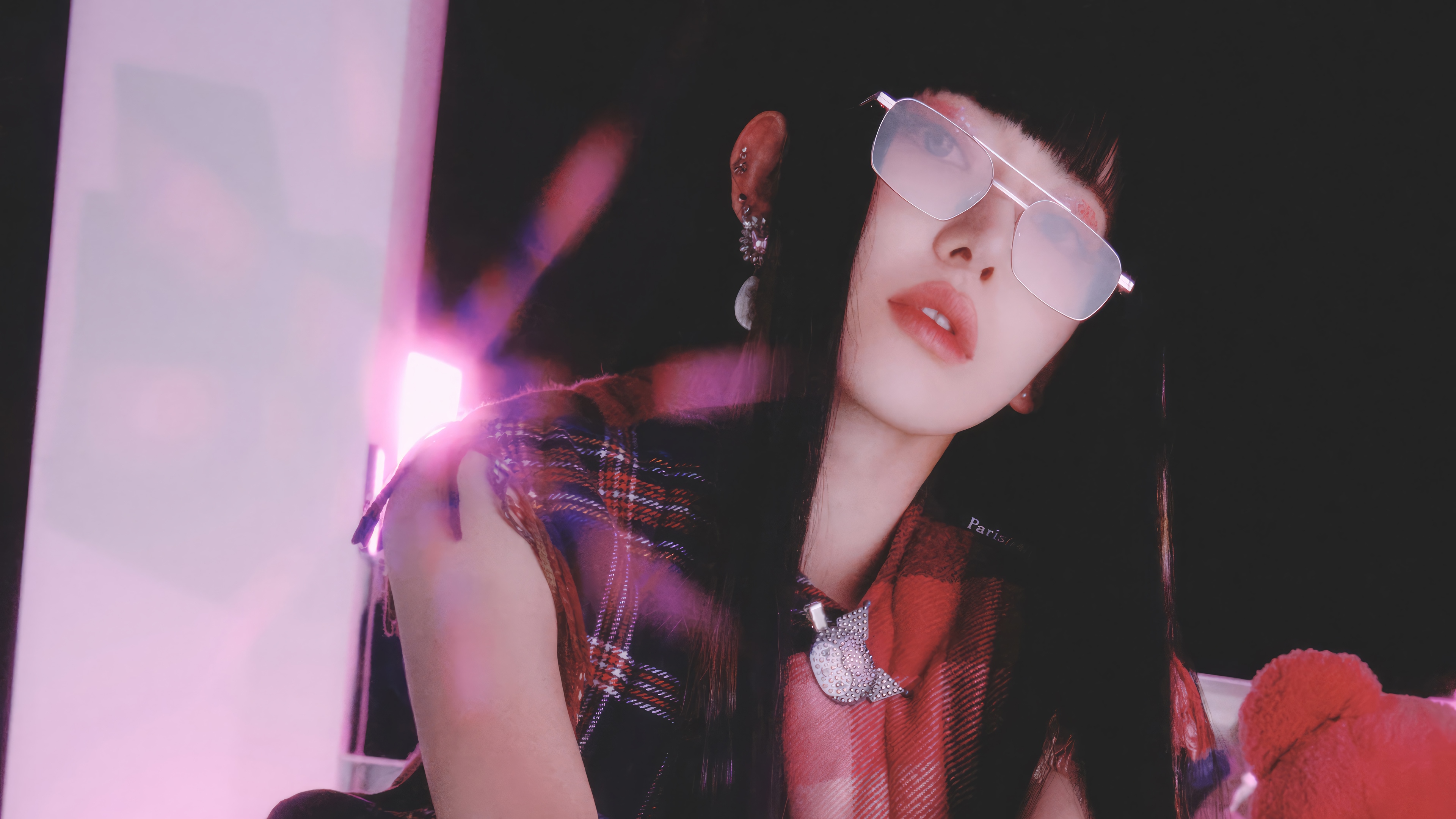 Sakura from LE SSERAFIM wearing glasses and plaid shirt HD Wallpaper