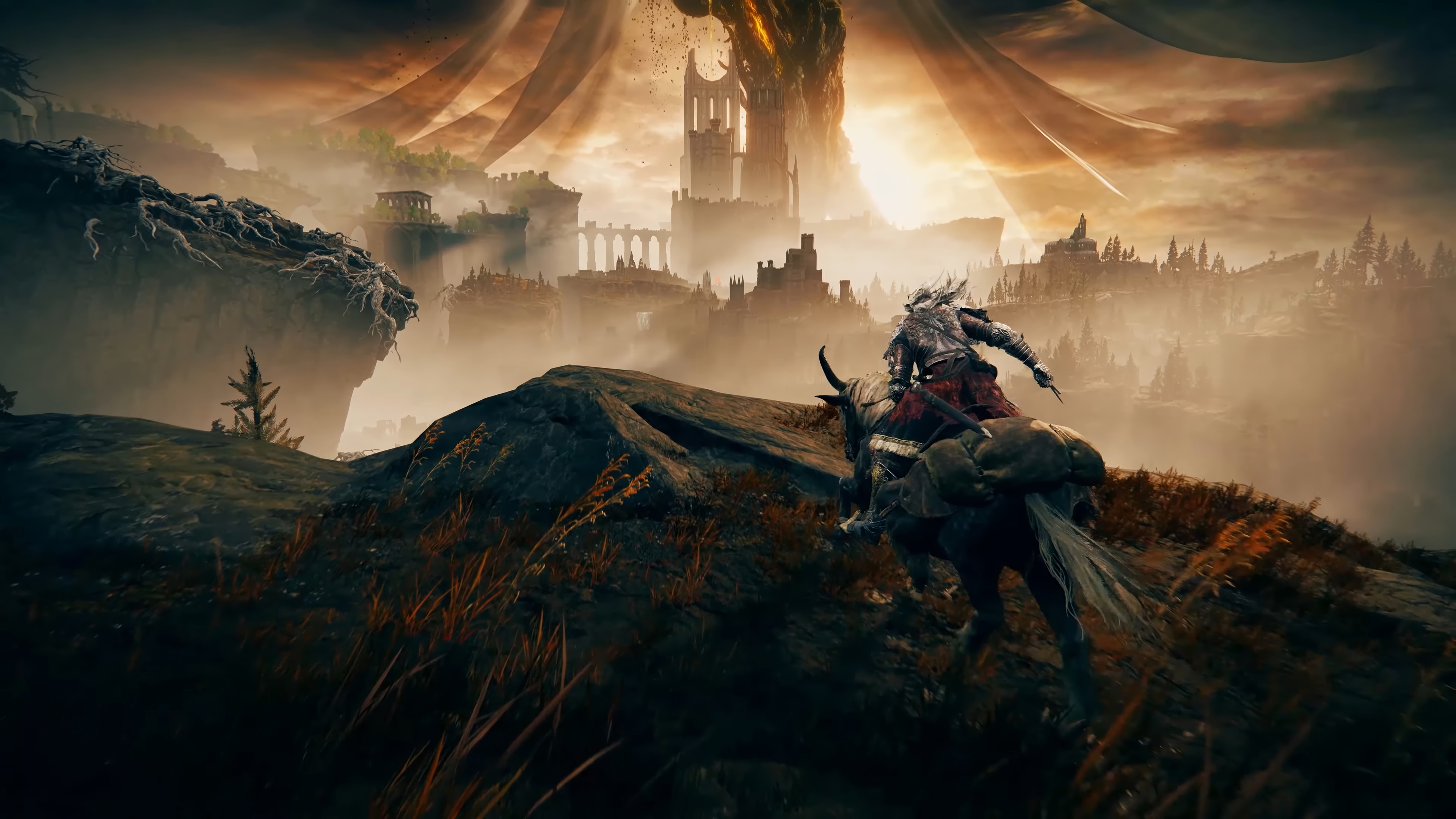 Elden Ring 4K: Warrior on horseback in a misty landscape HD Wallpaper