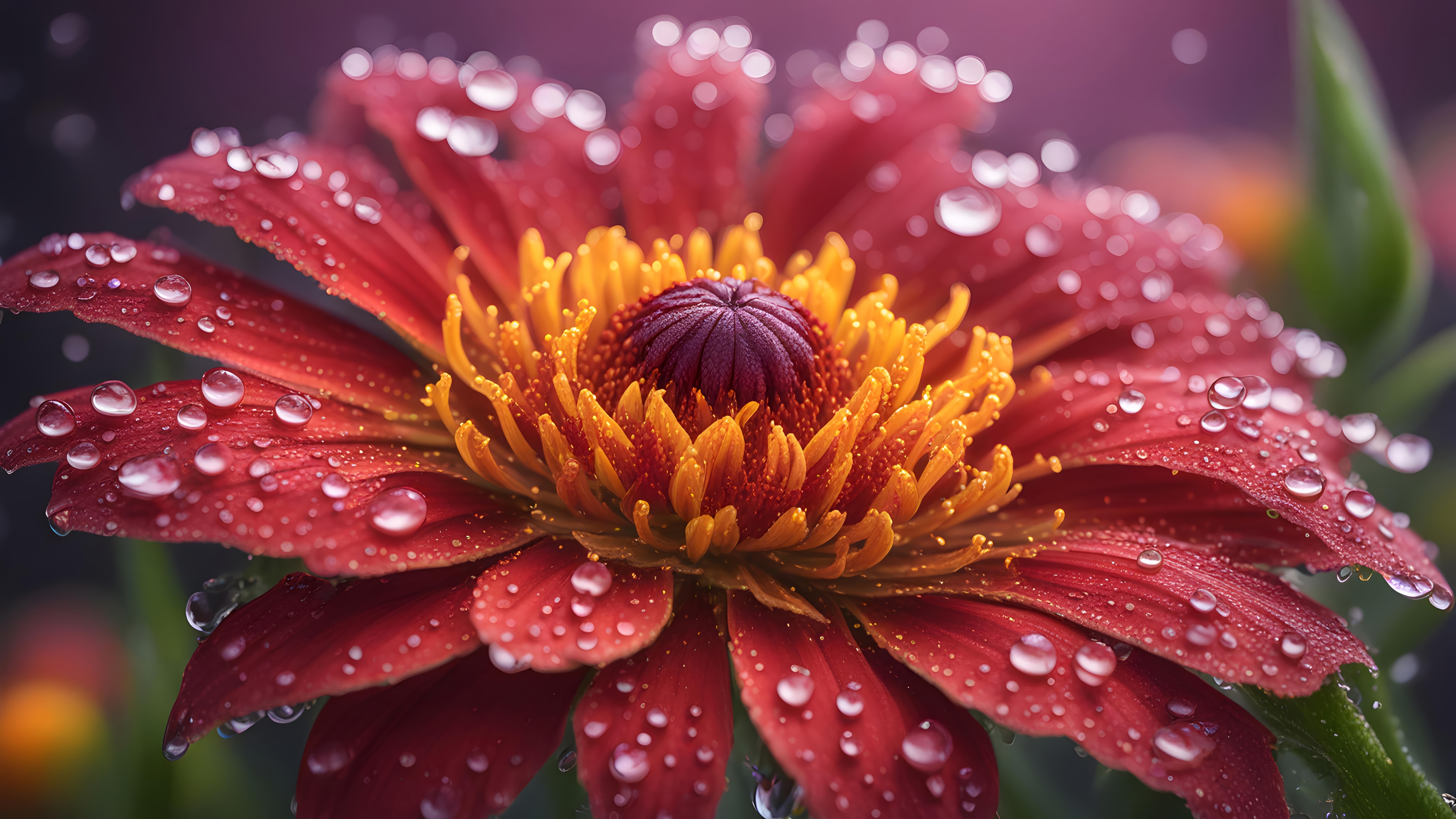 Red flower with water droplets, digital art, 4K HD Wallpaper