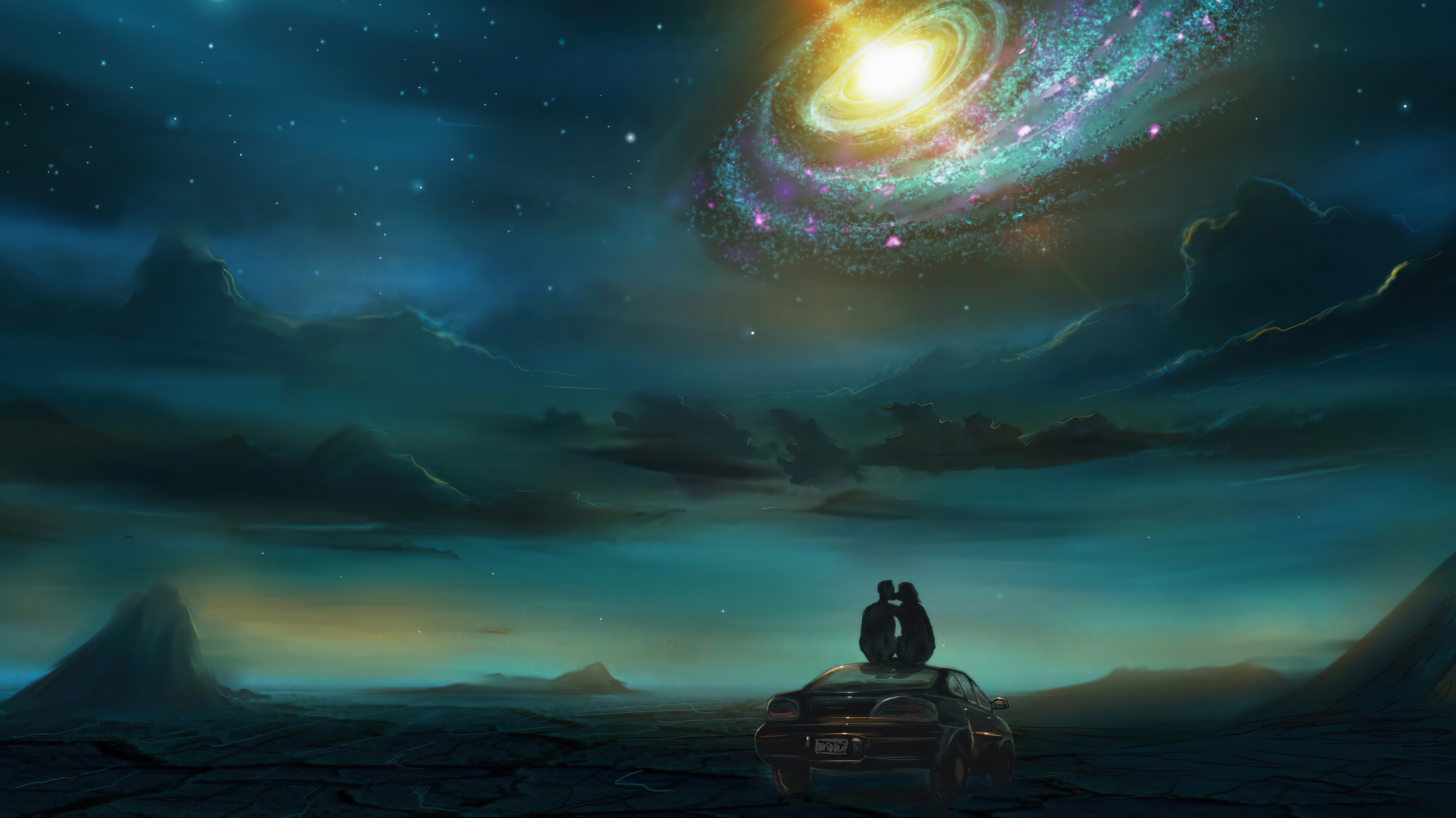Couple watching a galaxy from a car at night 4K HD Wallpaper