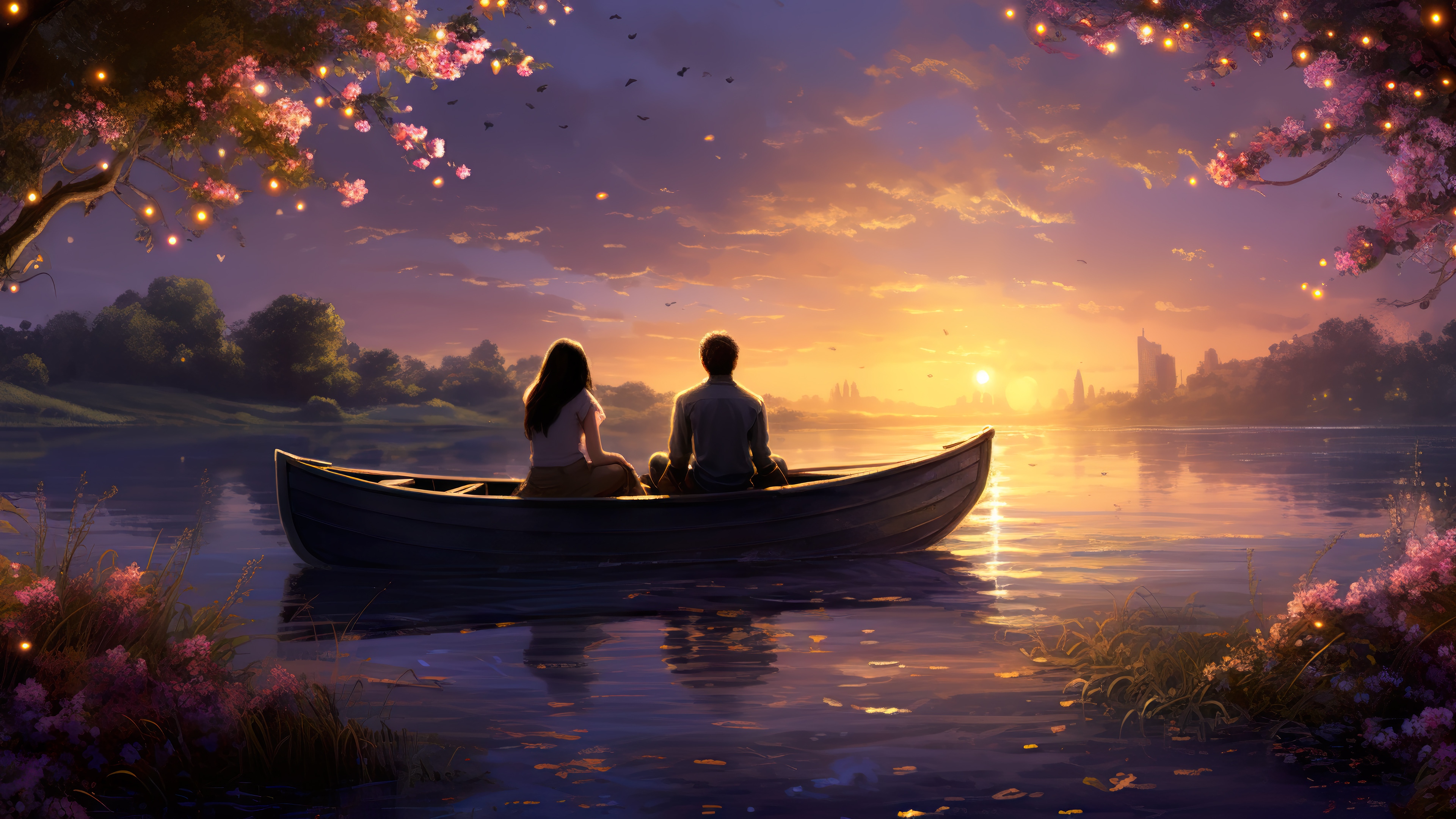 Couple in a Boat at Sunset over a Lake HD Wallpaper