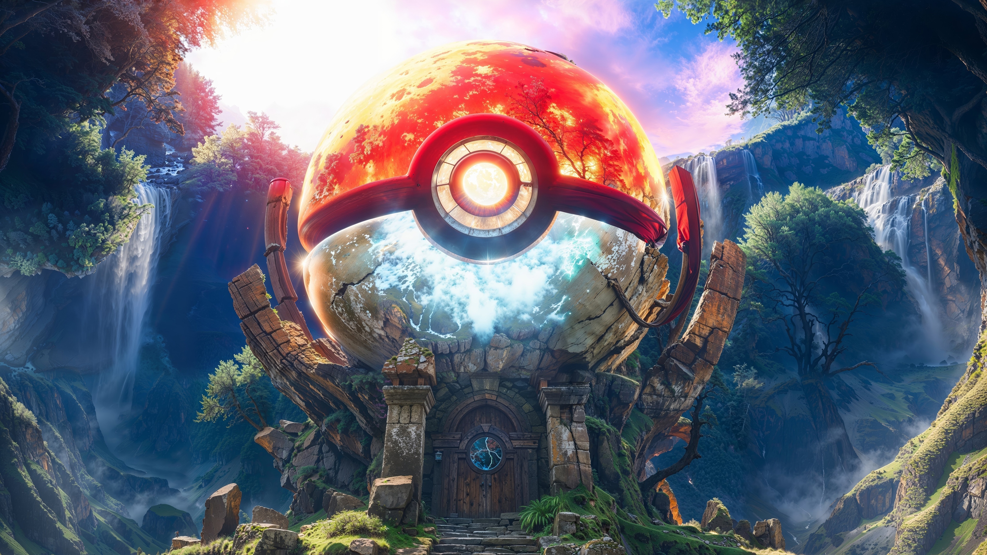 Pokemon Pokeball House in a Forest with Waterfalls 4K HD Wallpaper