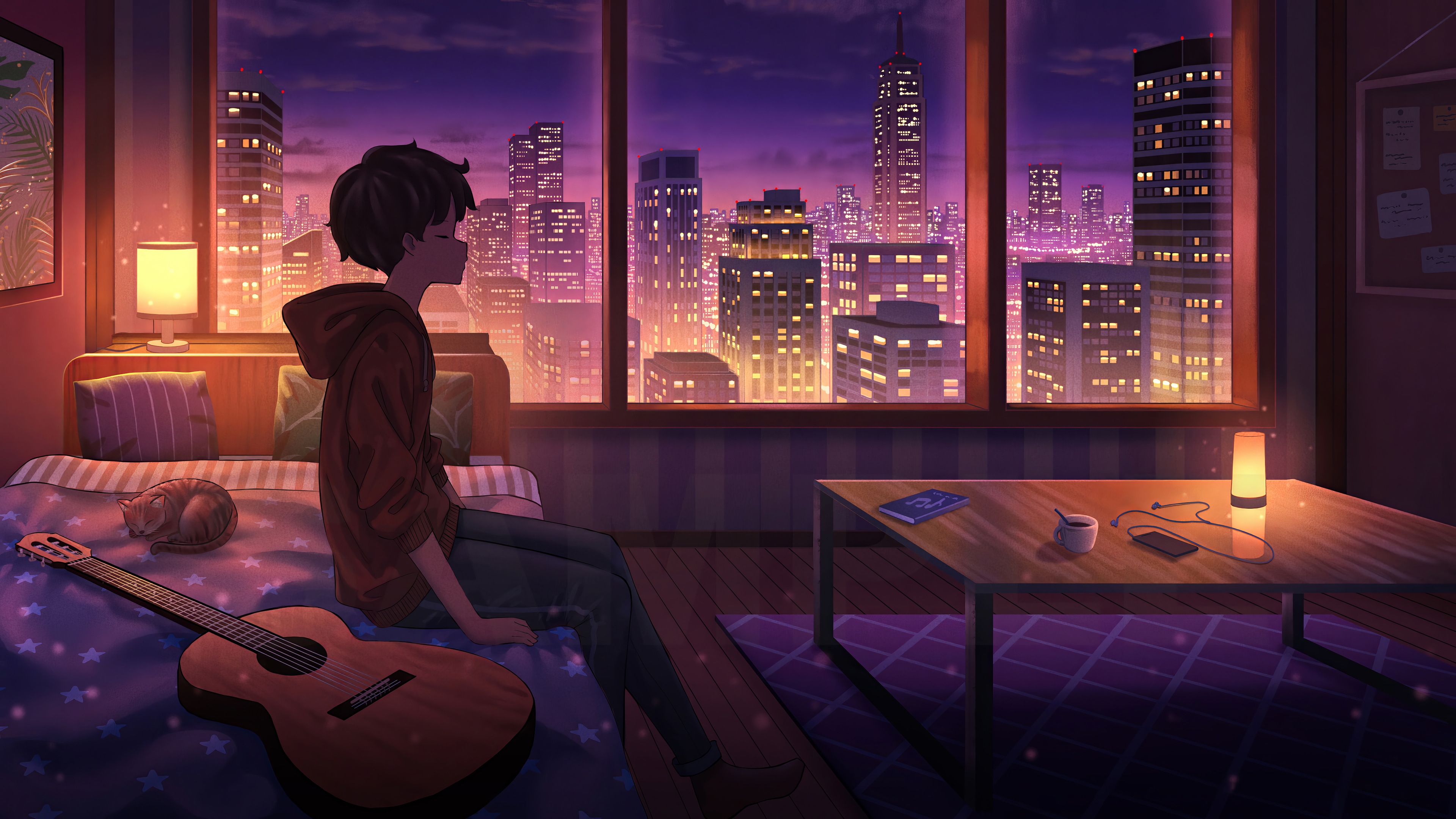 Anime Boy Sitting by Window Overlooking Cityscape with Guitar HD Wallpaper