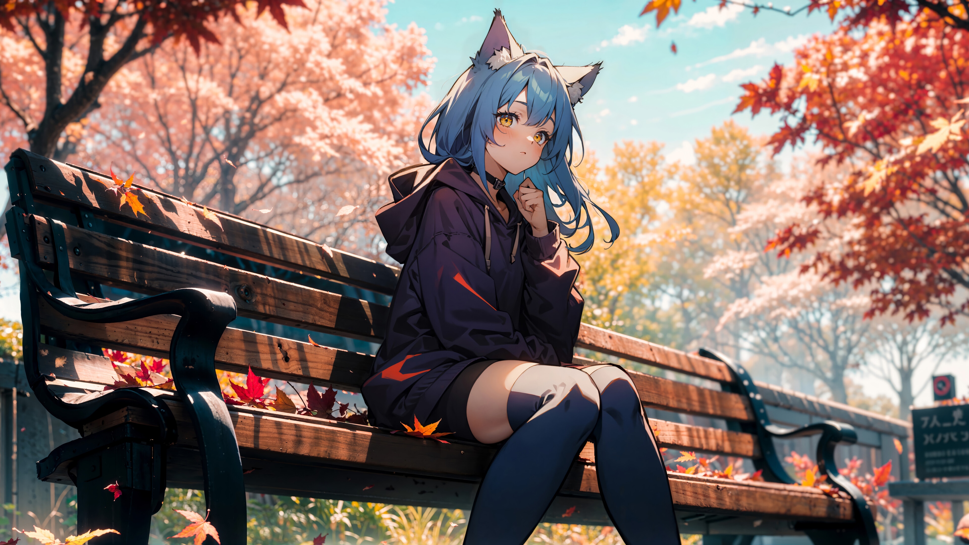Anime Girl with Cat Ears Sitting on a Bench in Autumn HD Wallpaper