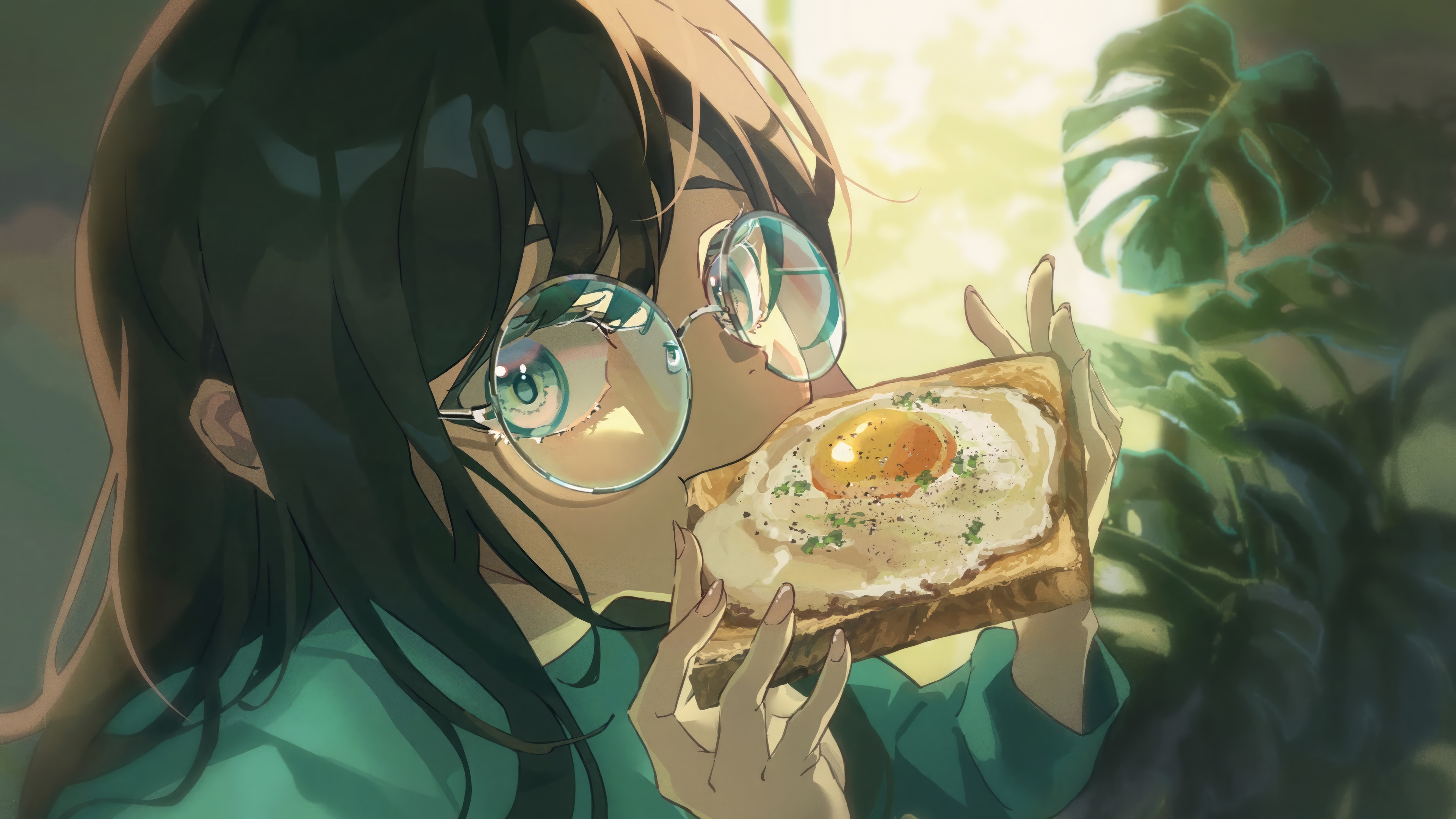 Anime Girl with Glasses Eating Toast with Egg 4K HD Wallpaper