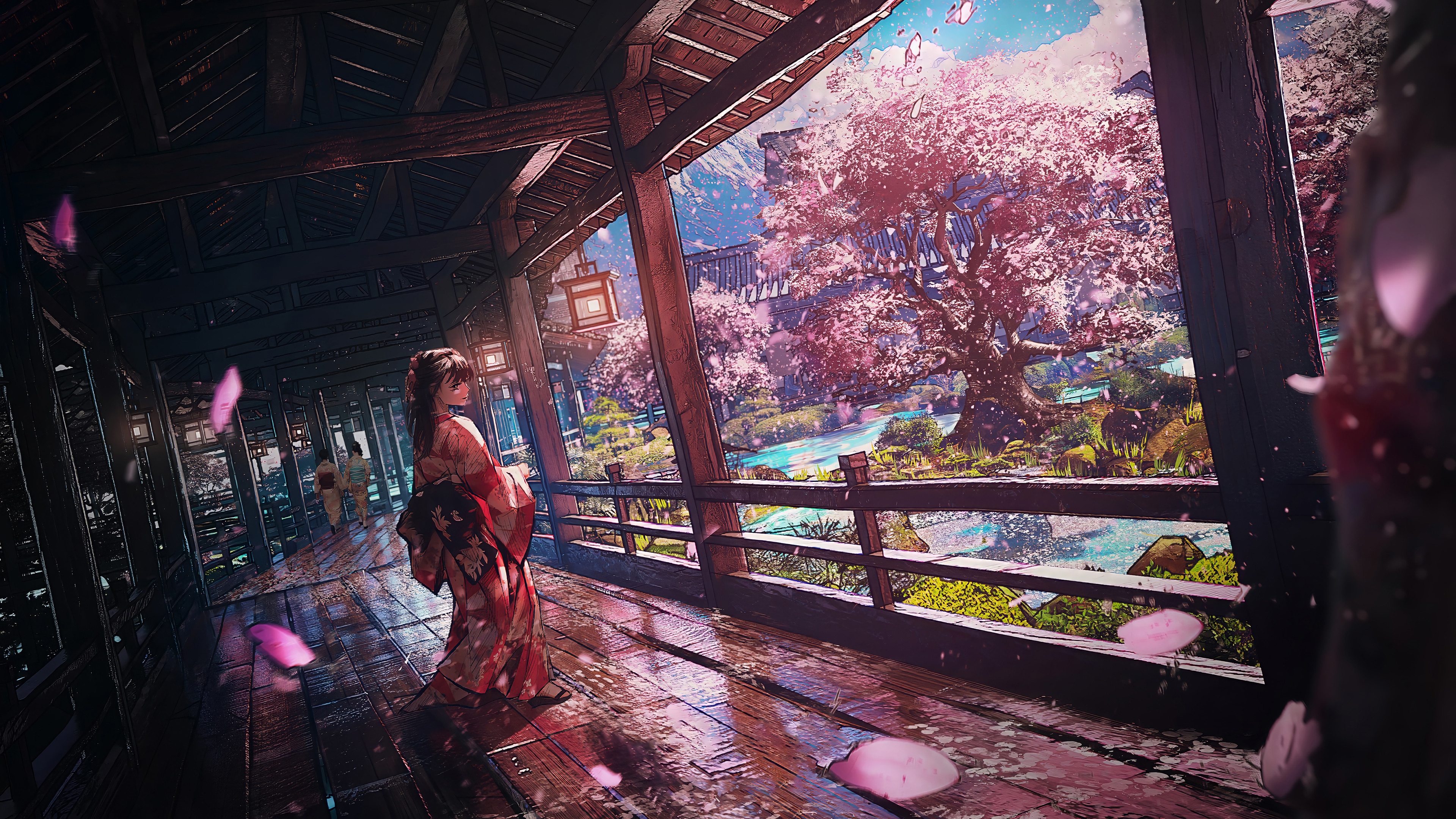 Anime Girl in Kimono under Cherry Blossoms 4K HD Wallpaper
