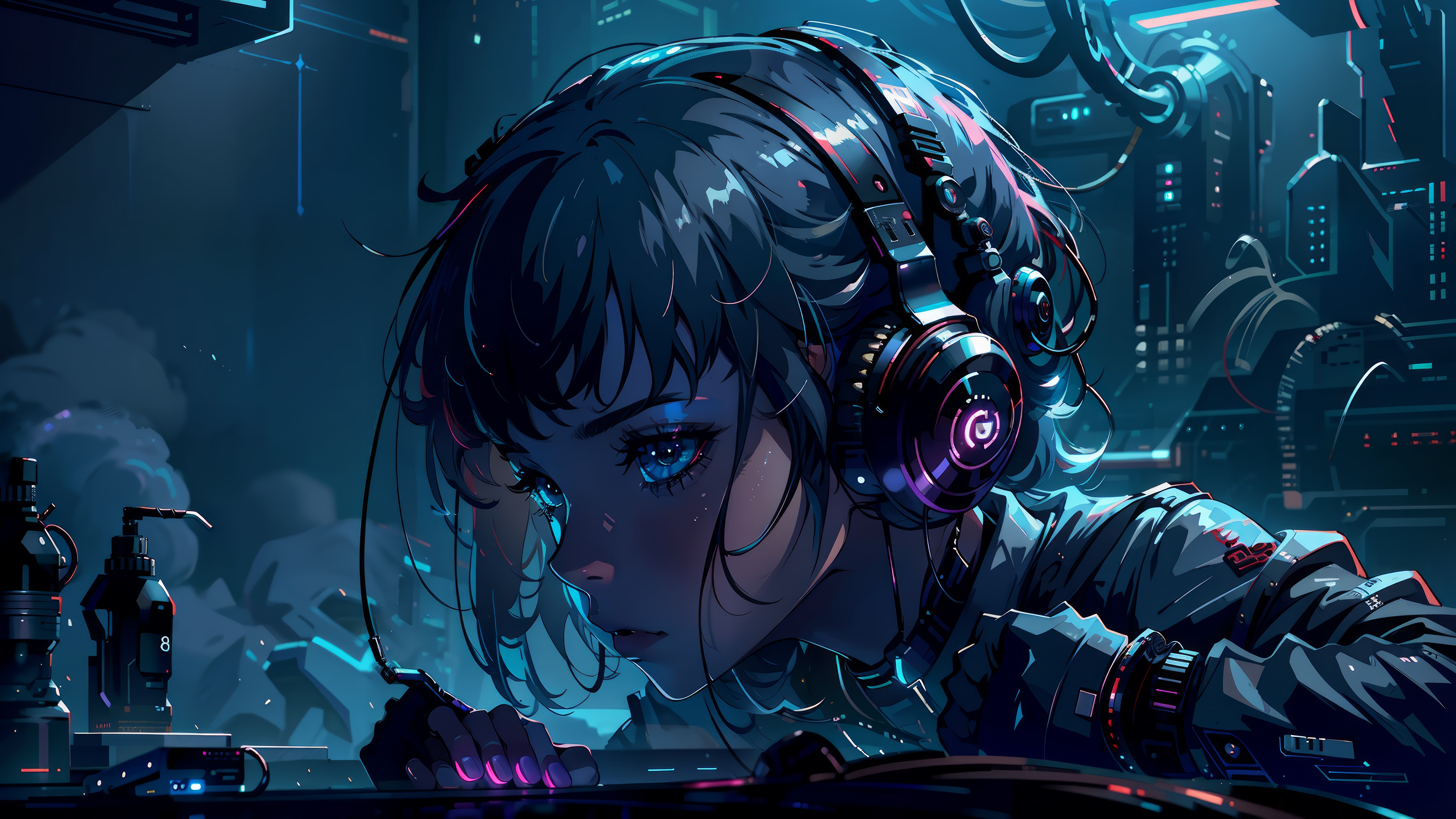 Anime Girl DJ in Futuristic Cyberpunk Setting 4K HD Wallpaper