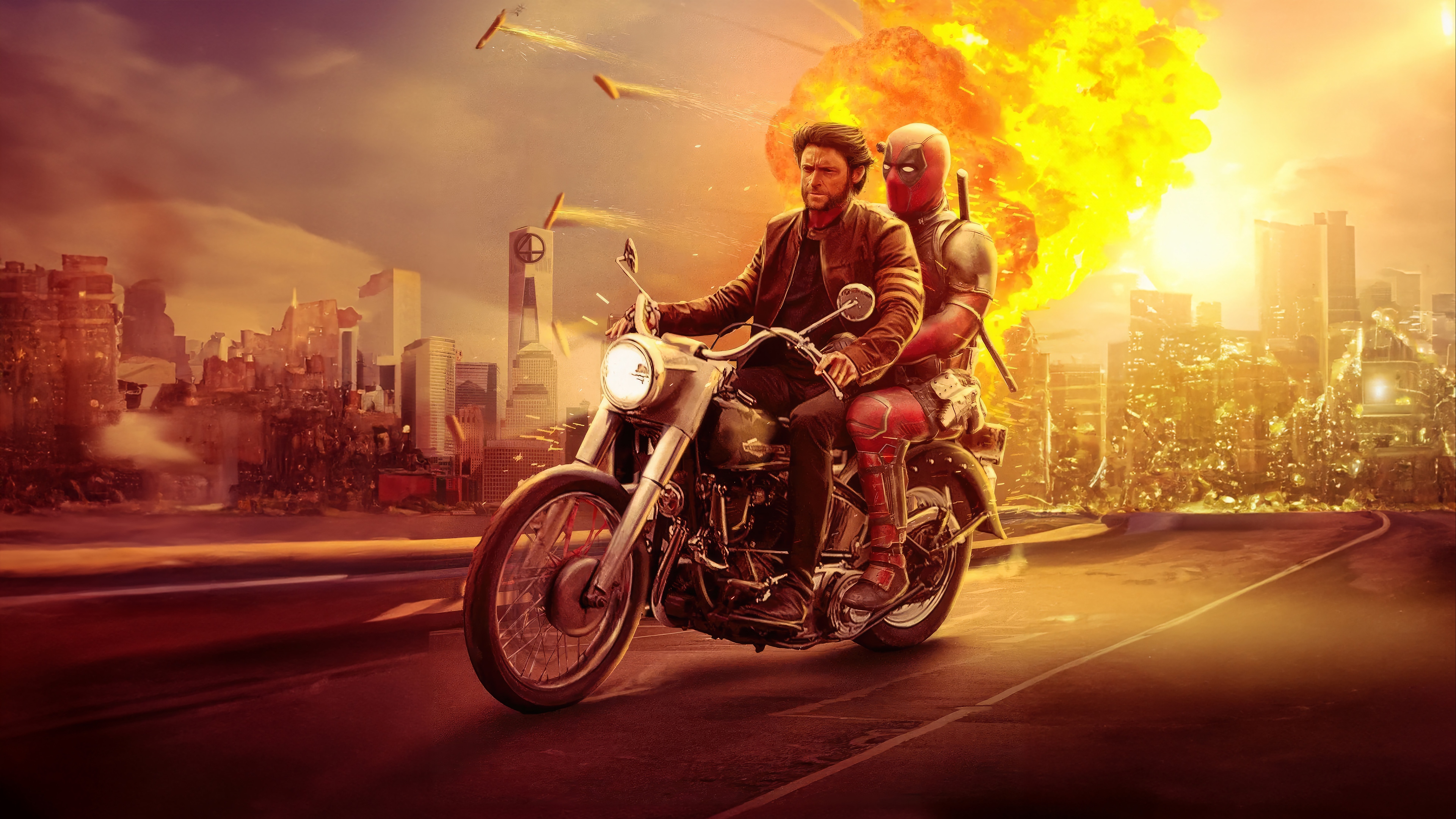 Deadpool and Wolverine on a Motorcycle in a Destroyed City HD Wallpaper