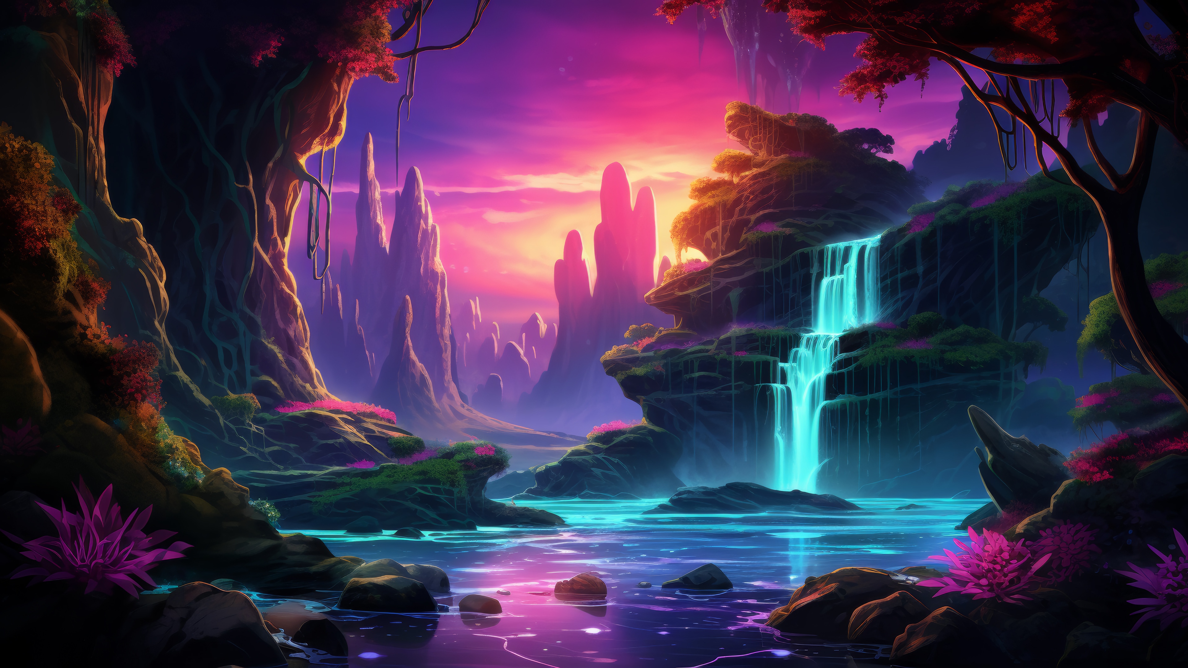 Fantasy Waterfall Scenery at Sunset 4K HD Wallpaper