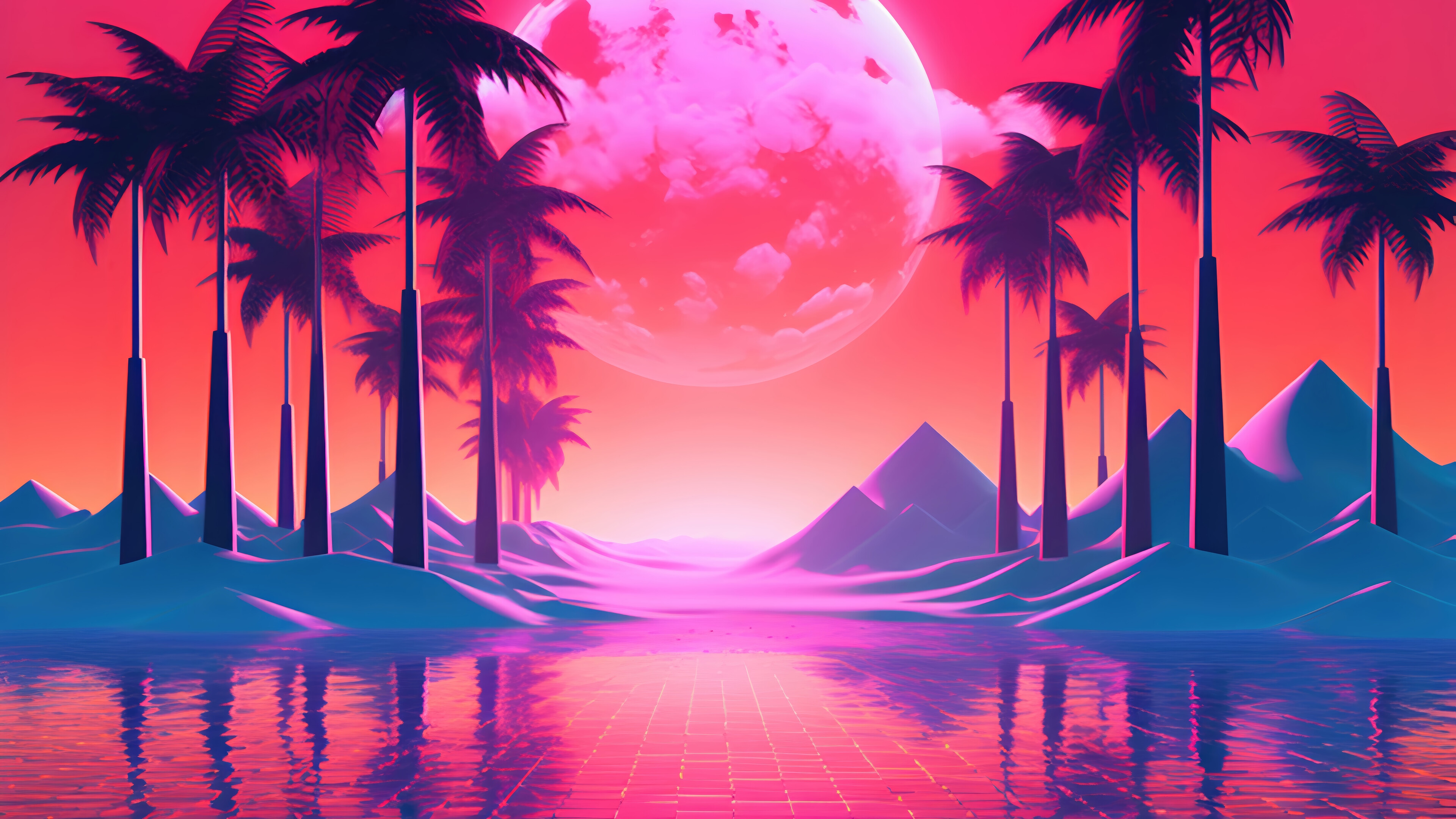 Synthwave Moon and Palm Trees 4K HD Wallpaper