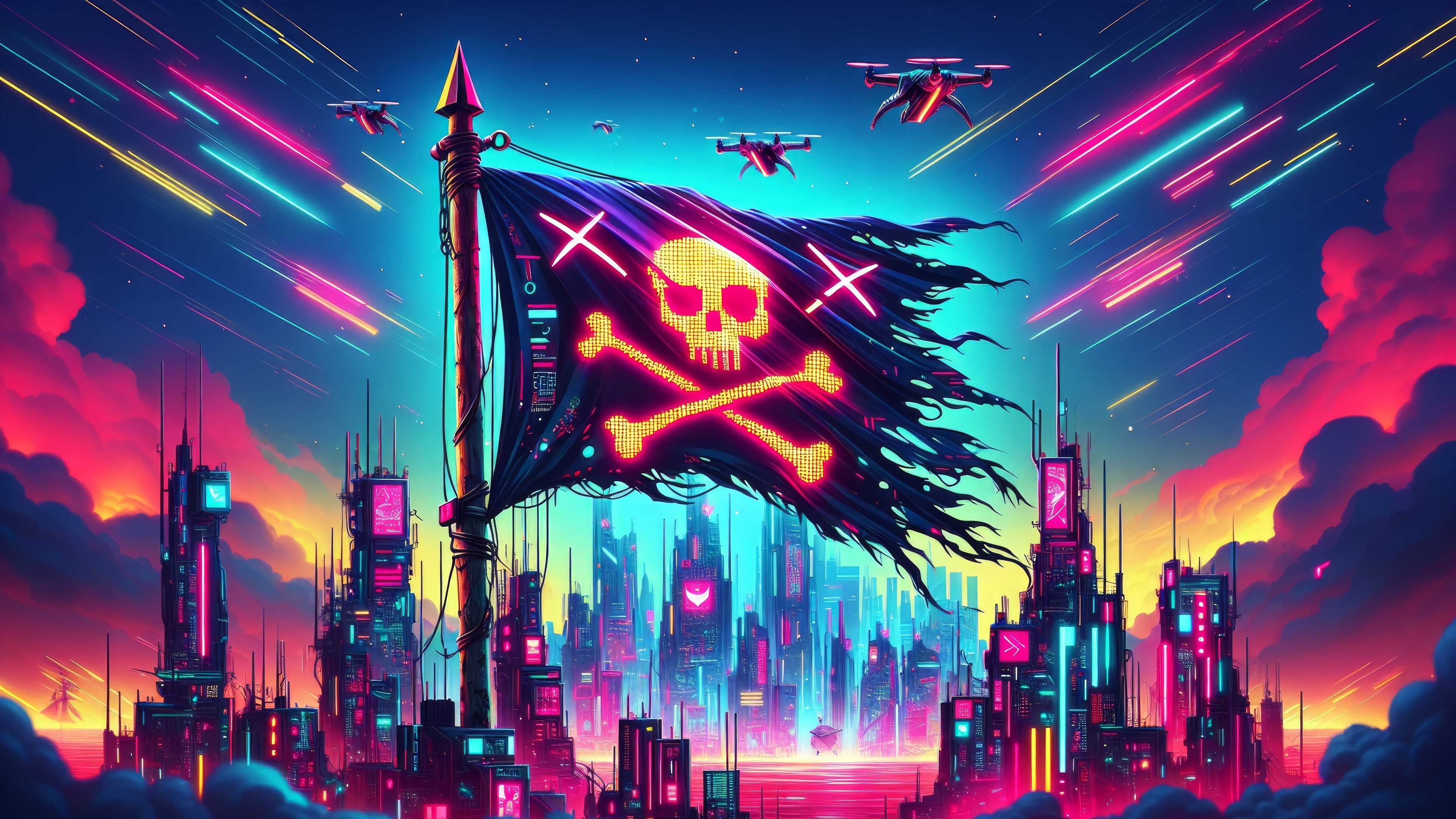 Cyberpunk Pirate Flag over Neon City with Drones HD Wallpaper