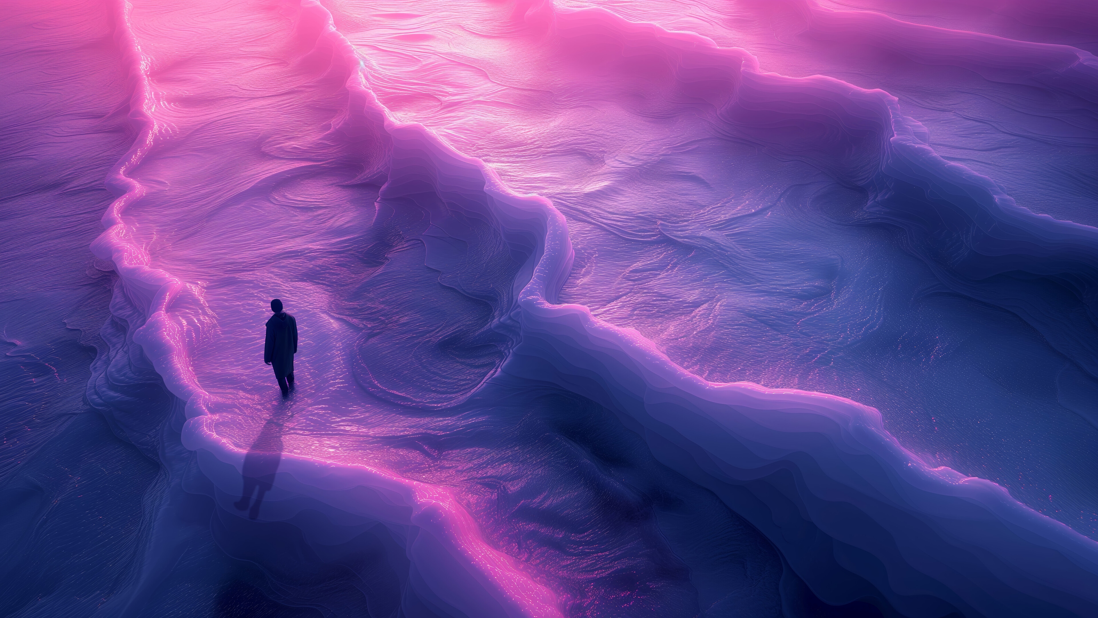 Man walking on purple and pink abstract waves 4K HD Wallpaper