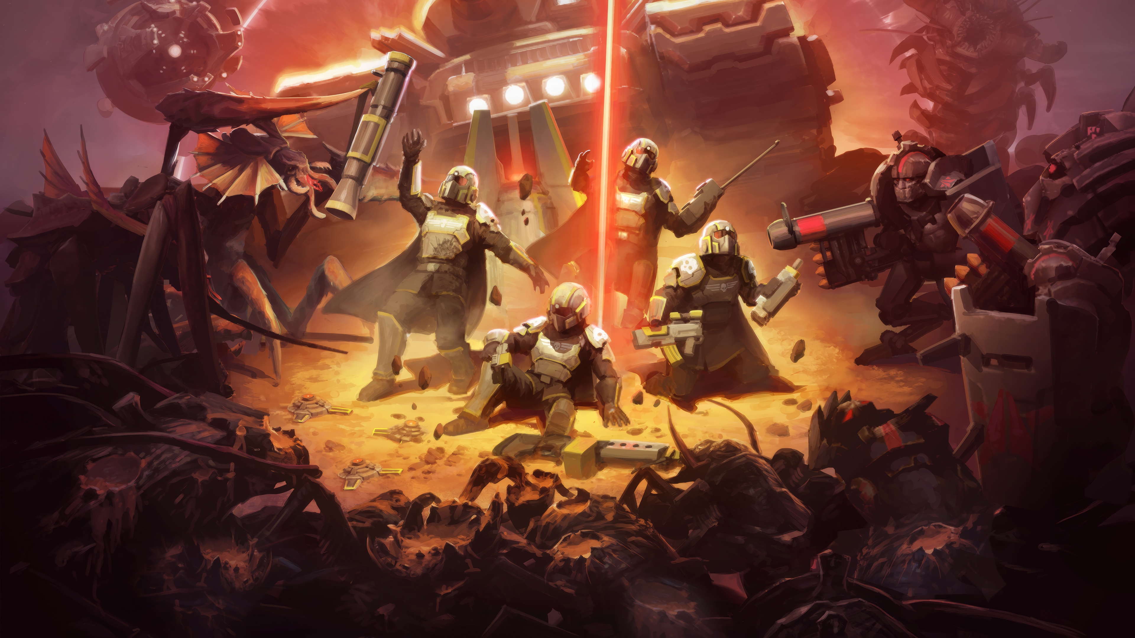 Helldivers 2 soldiers fighting alien bugs HD Wallpaper