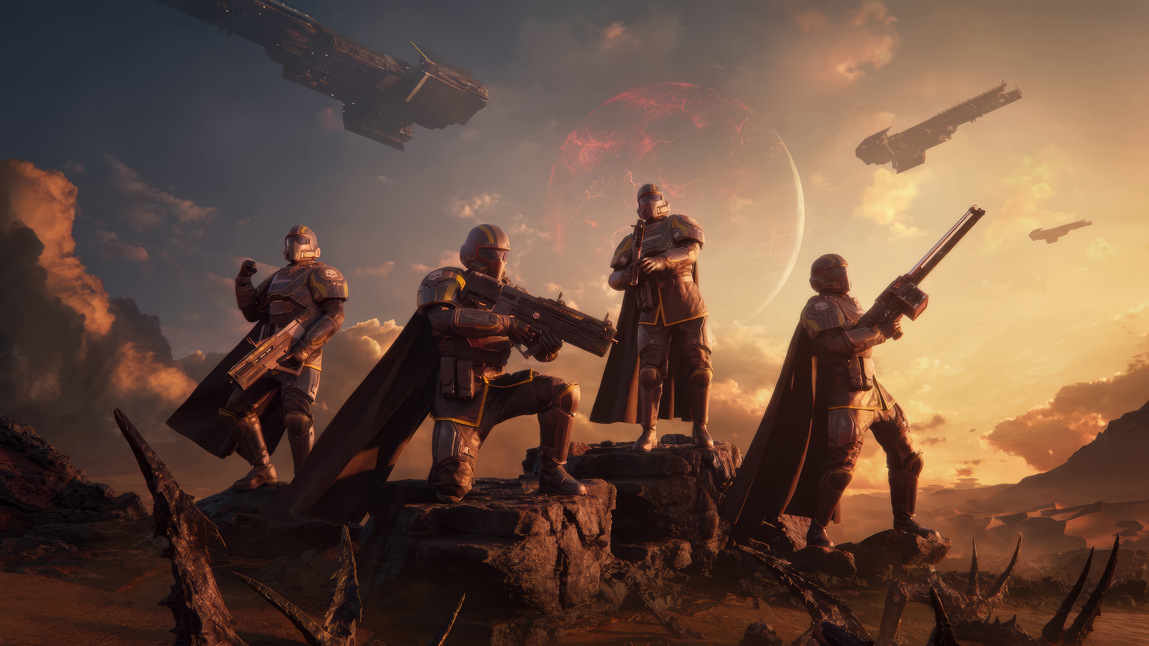 Helldivers 2 soldiers on alien planet with red moon HD Wallpaper