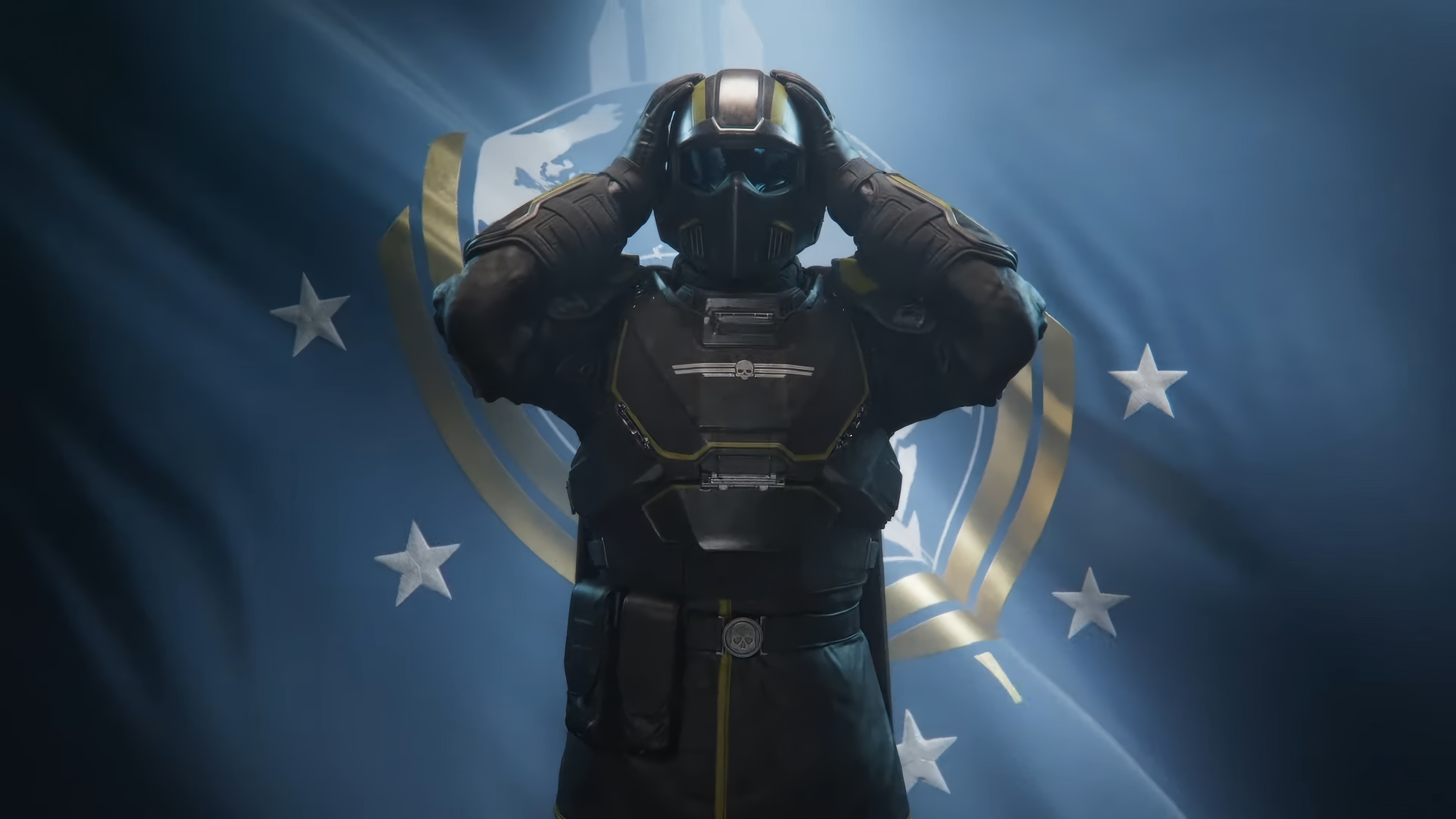 Helldivers 2 Soldier Adjusting Helmet in Front of Flag HD Wallpaper