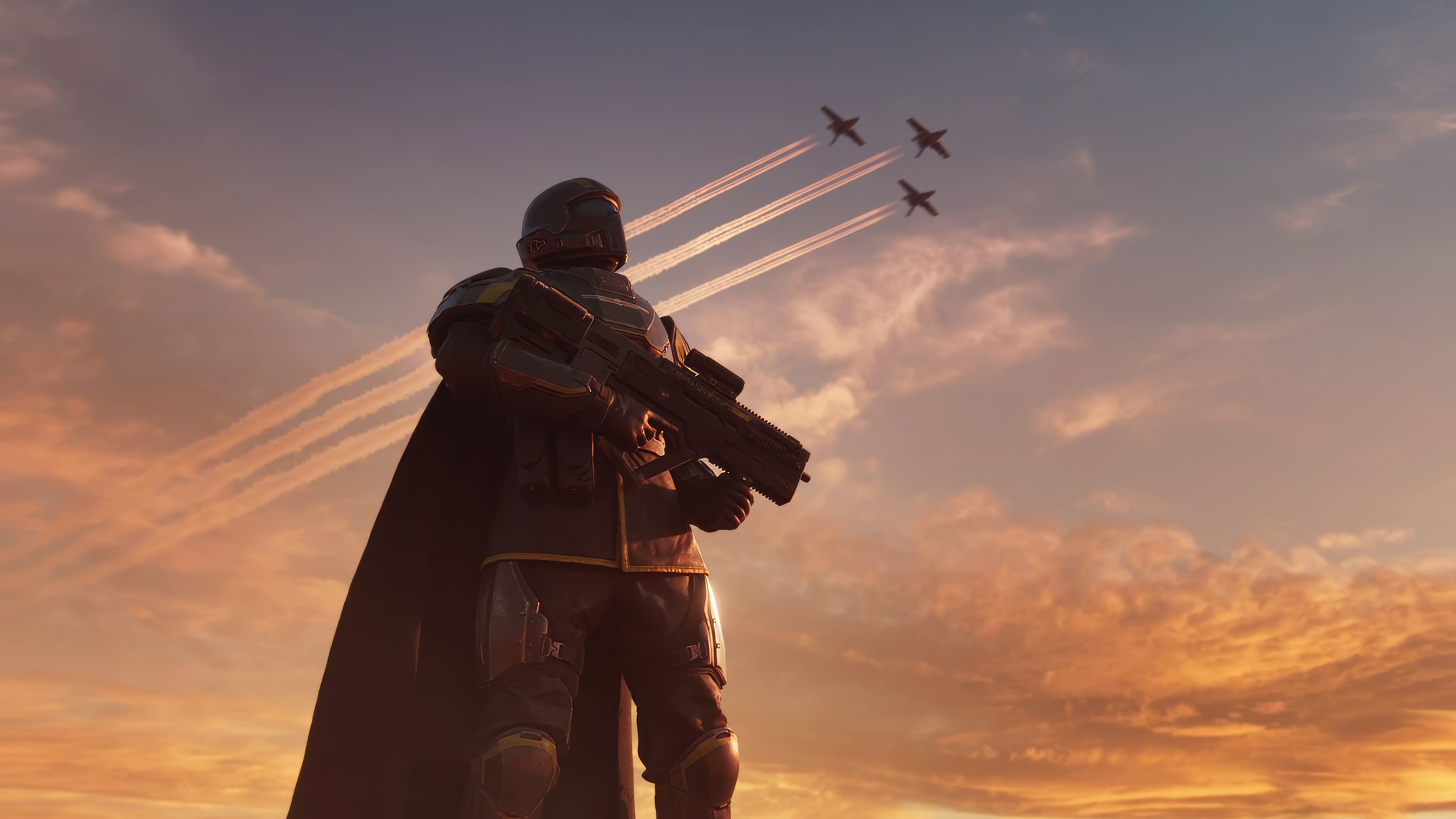 Helldivers 2 Soldier with Fighter Jets in Sky HD Wallpaper