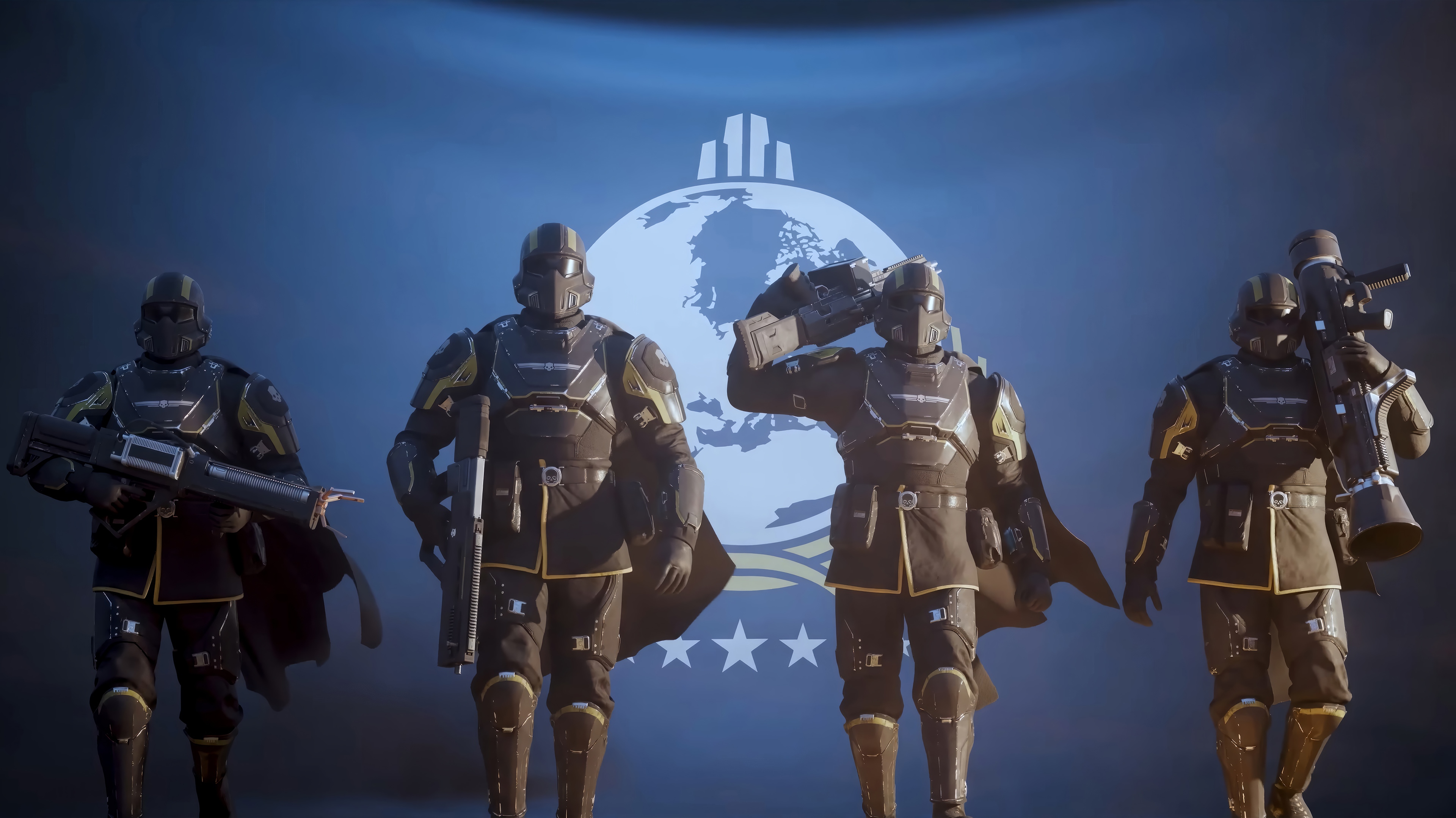 Helldivers 2 soldiers in front of a globe emblem HD Wallpaper