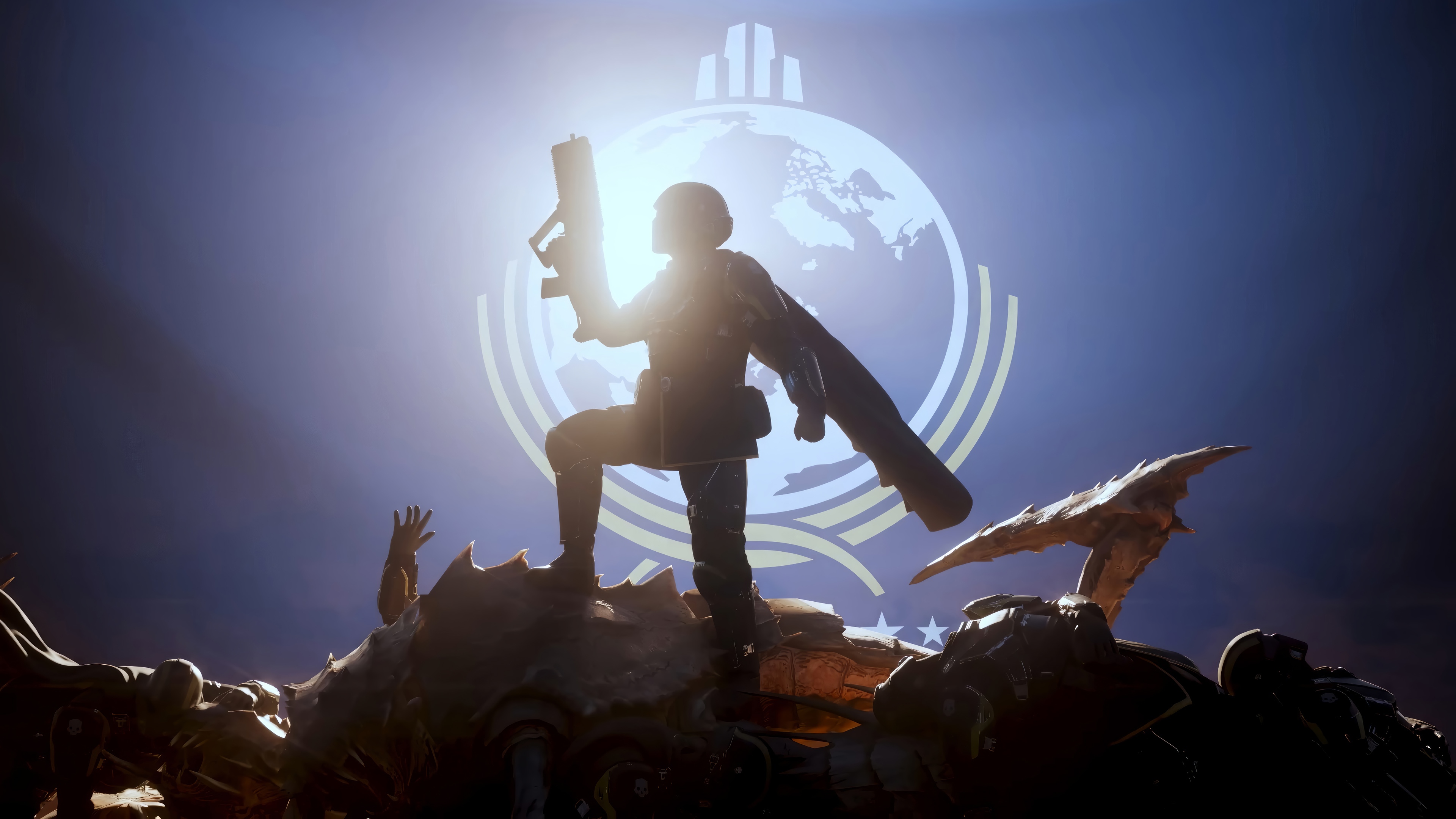 Helldivers 2 soldier standing on alien remains HD Wallpaper
