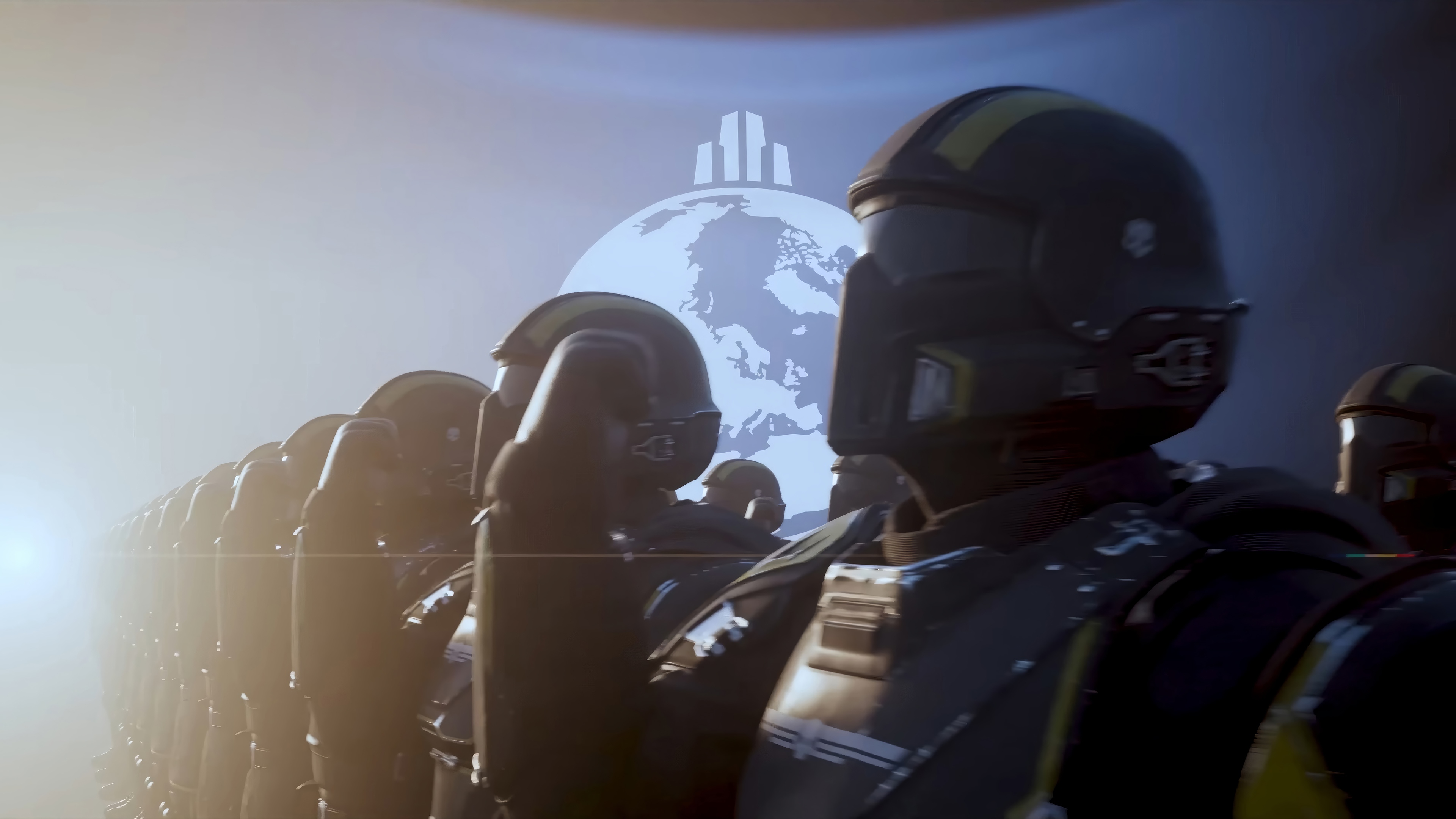 Helldivers 2 soldiers in formation with planet background HD Wallpaper