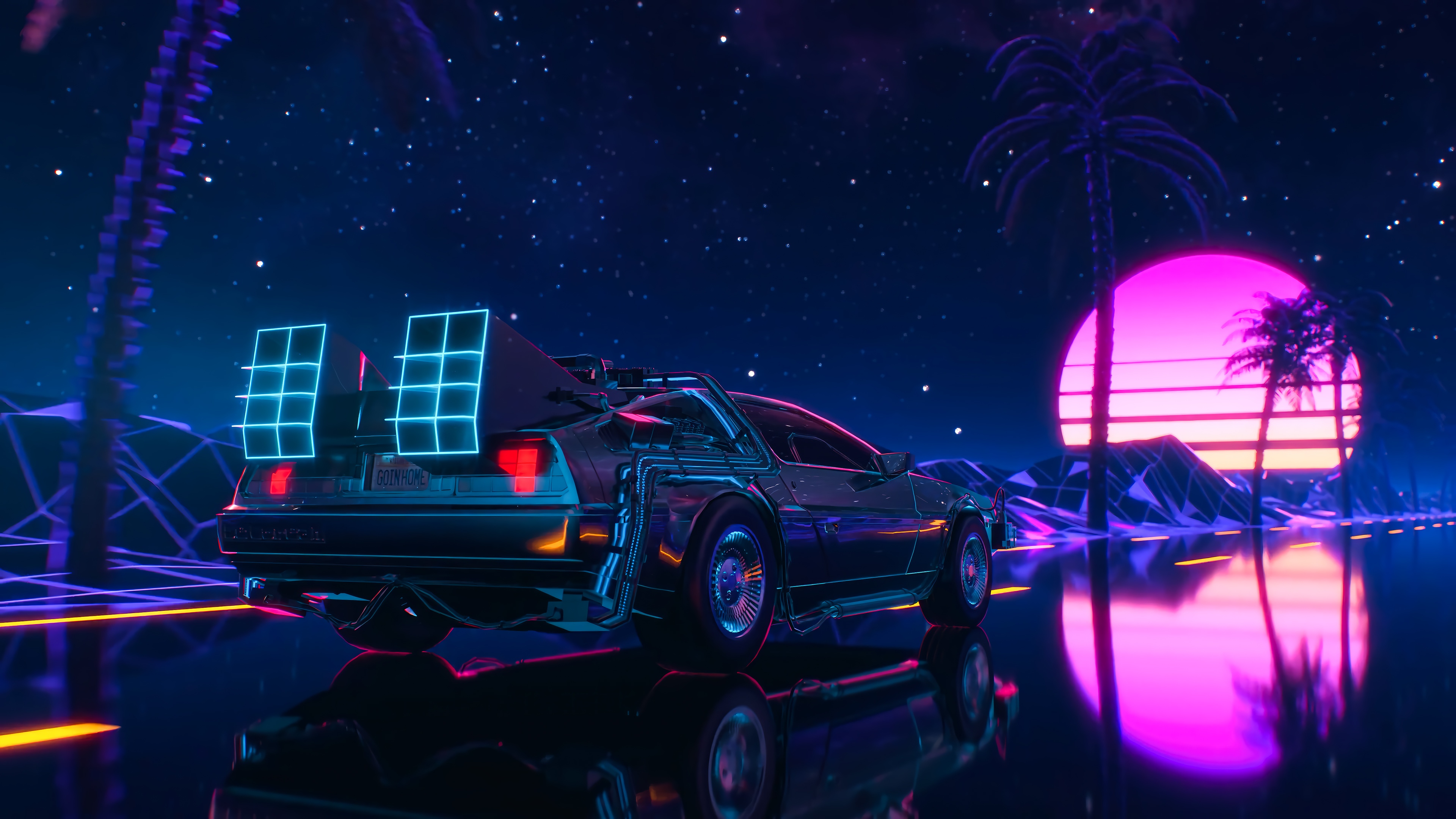 DeLorean time machine on a road at sunset HD Wallpaper