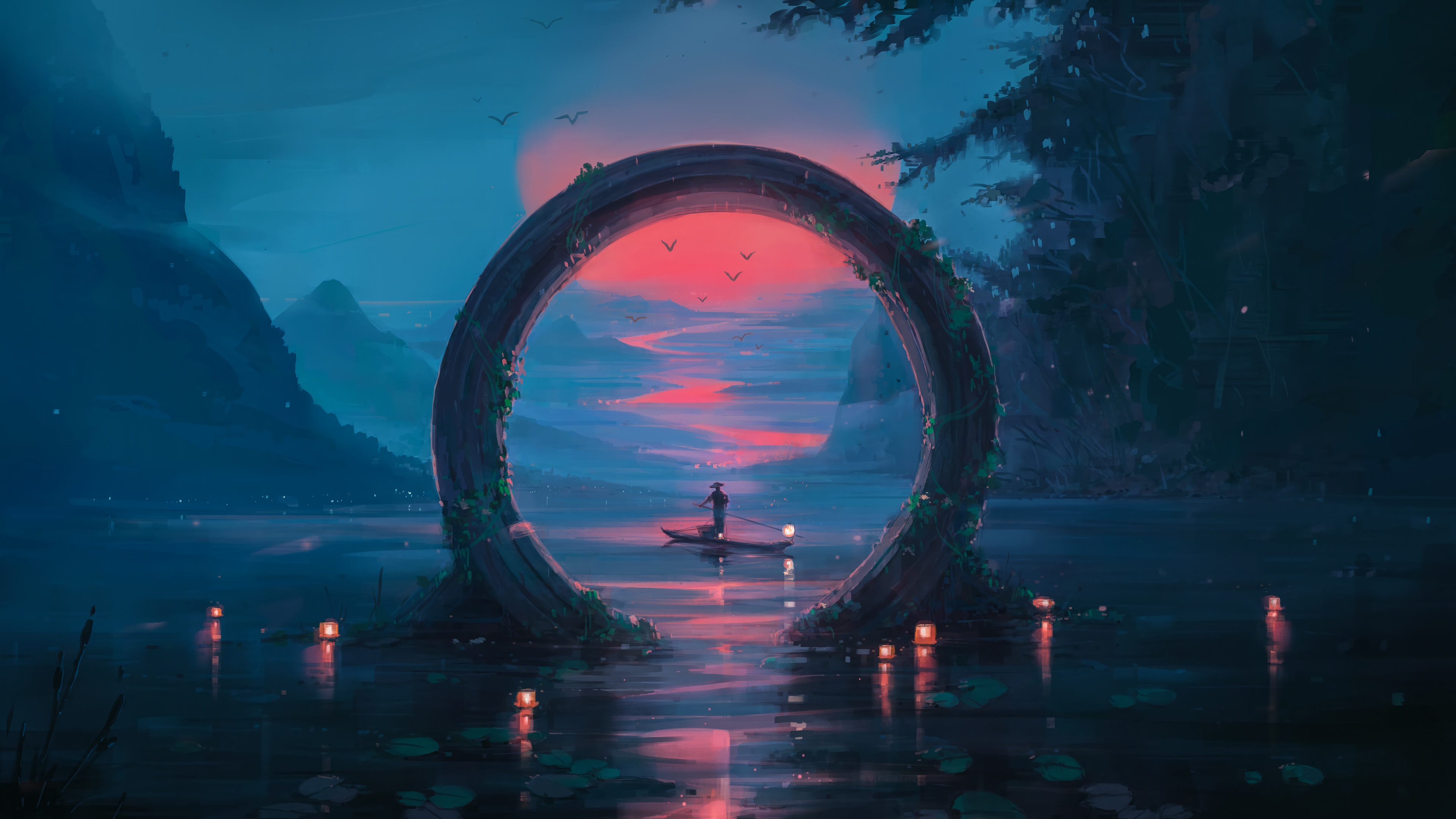 Sunset over a lake with a boat and a stone arch HD Wallpaper