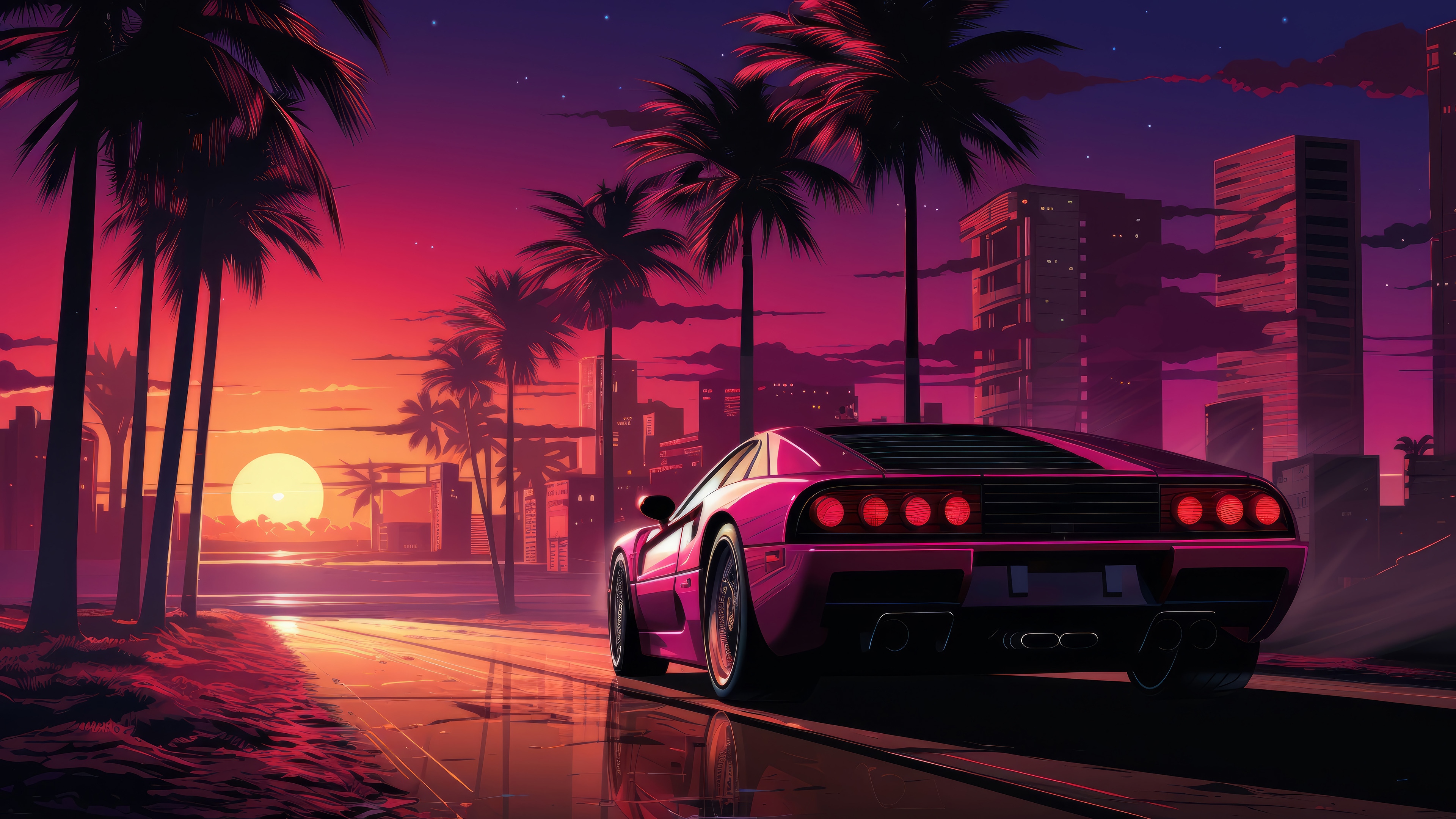 Sports Car on a Street at Sunset with Palm Trees 4K HD Wallpaper