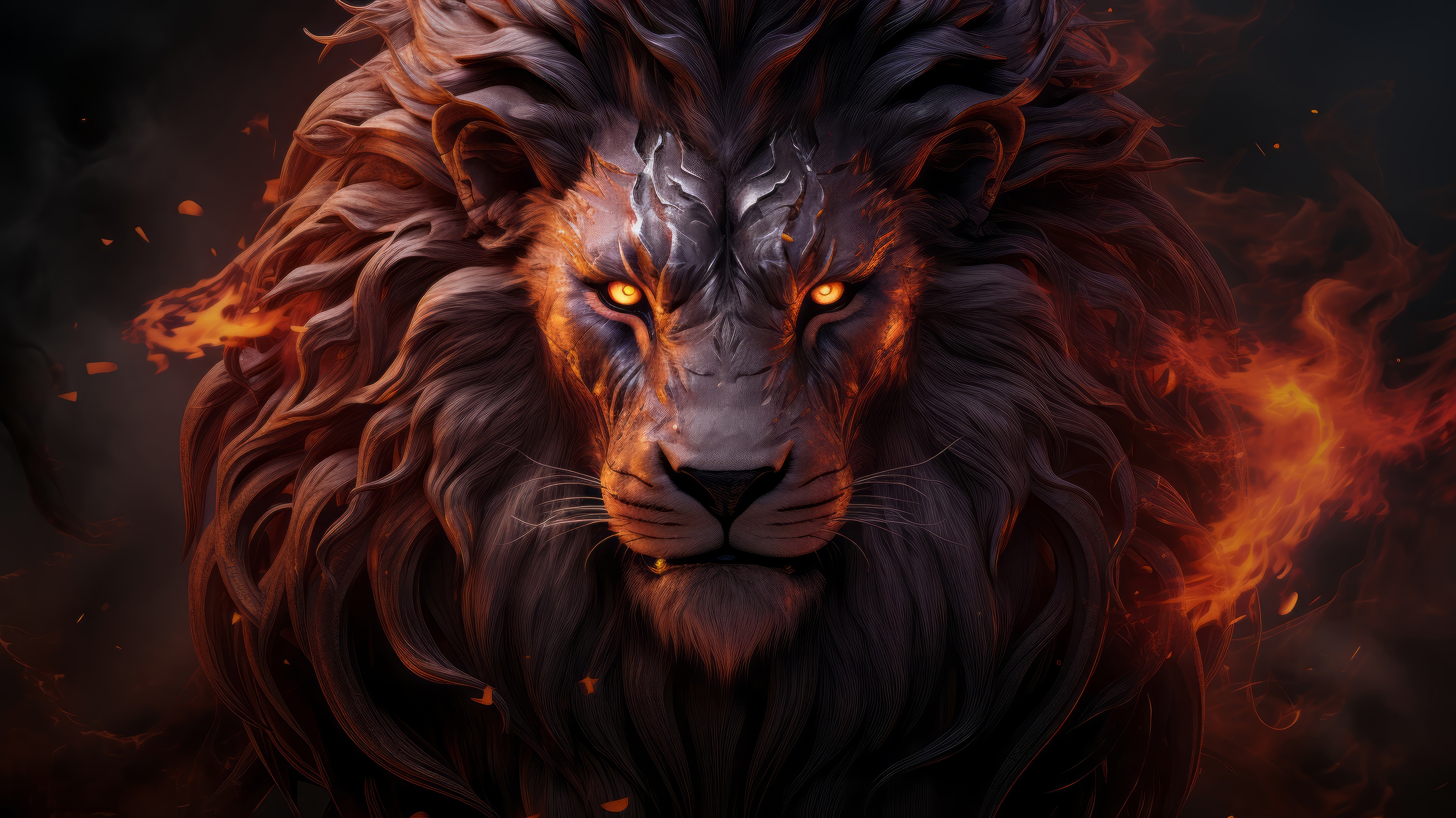 Digital Art 4K Lion with Fire HD Wallpaper