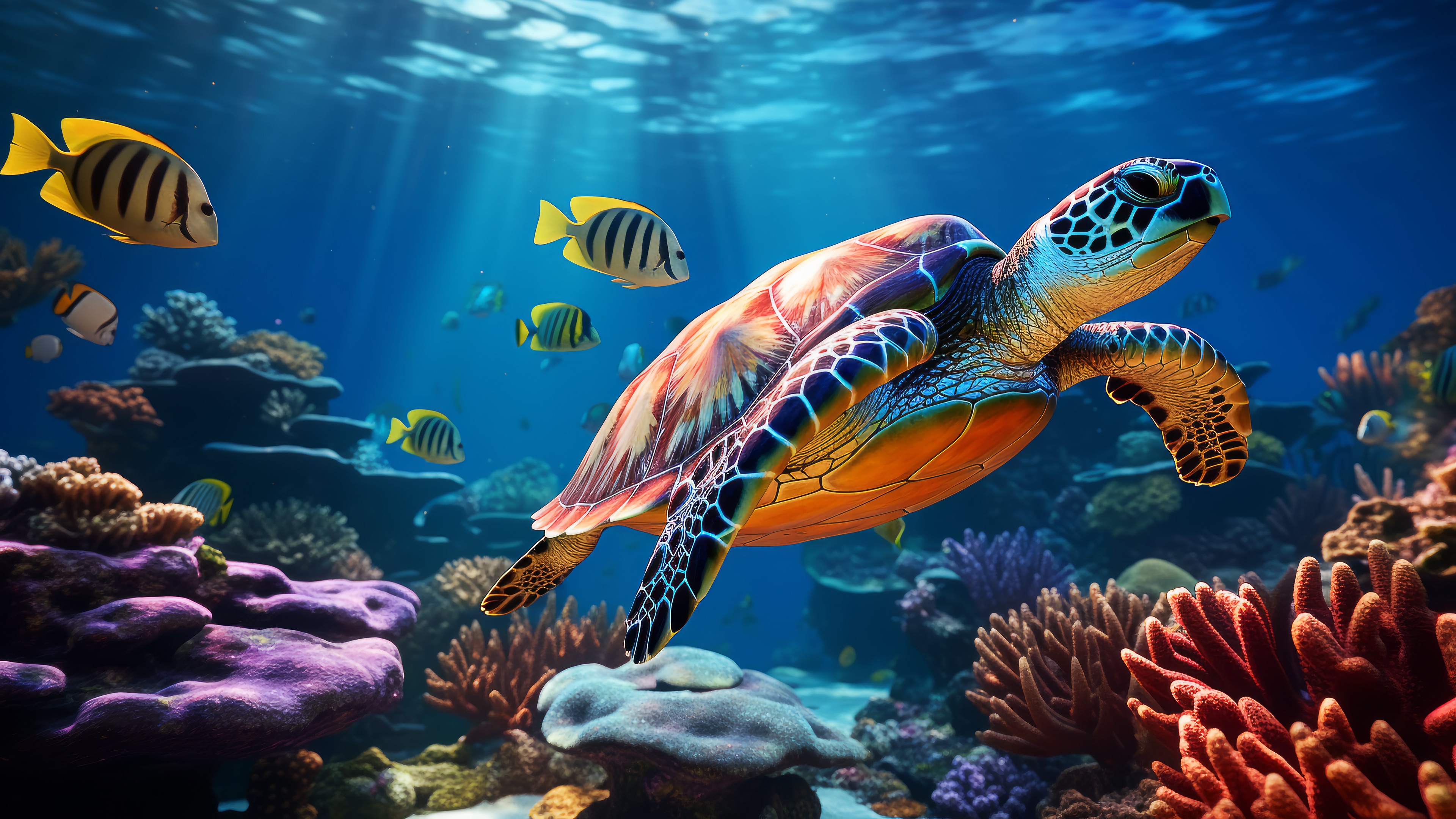 Sea Turtle Swimming Among Coral and Fish 4K HD Wallpaper