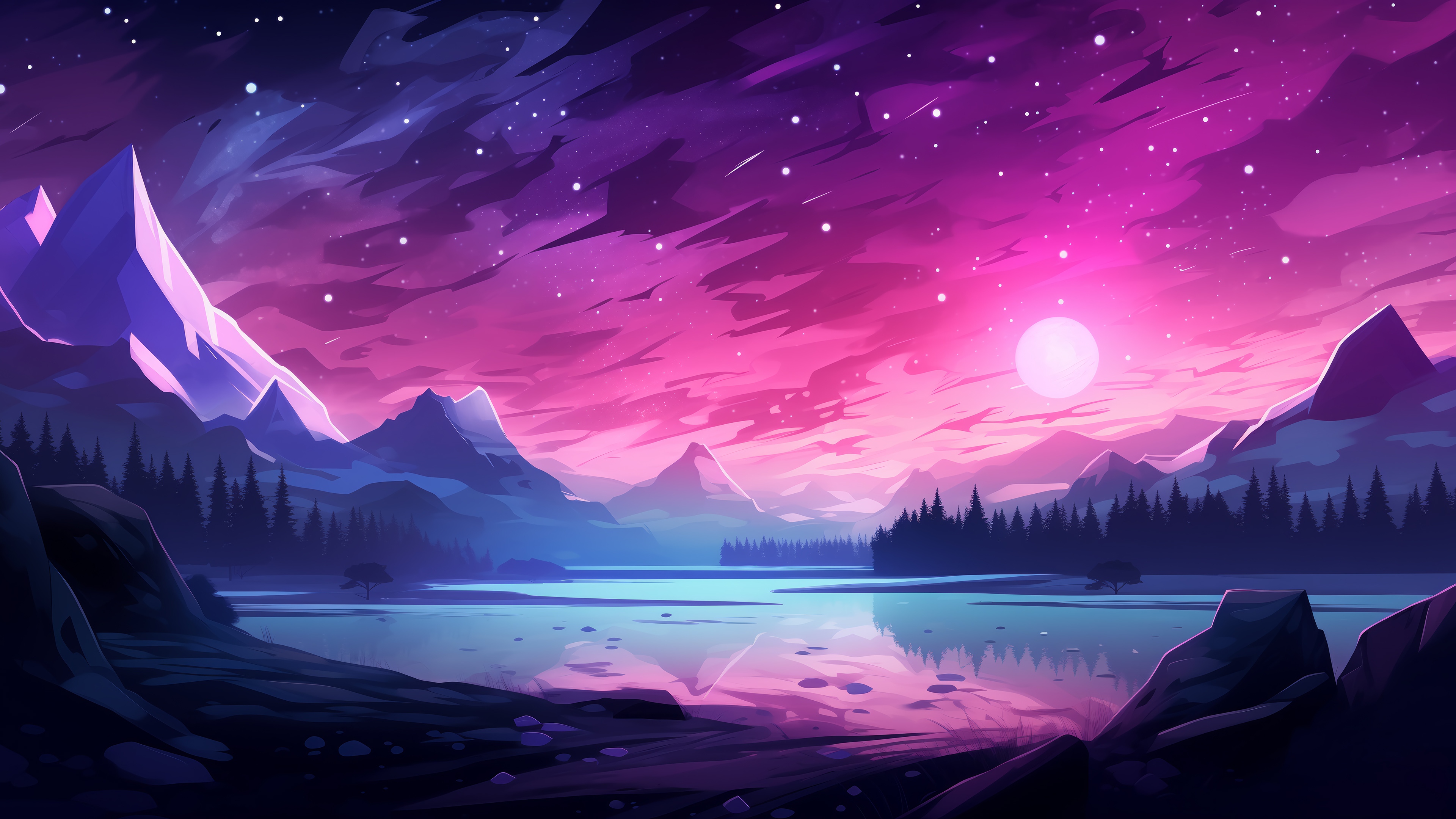 Digital Art of a Mountain Scenery at Night HD Wallpaper