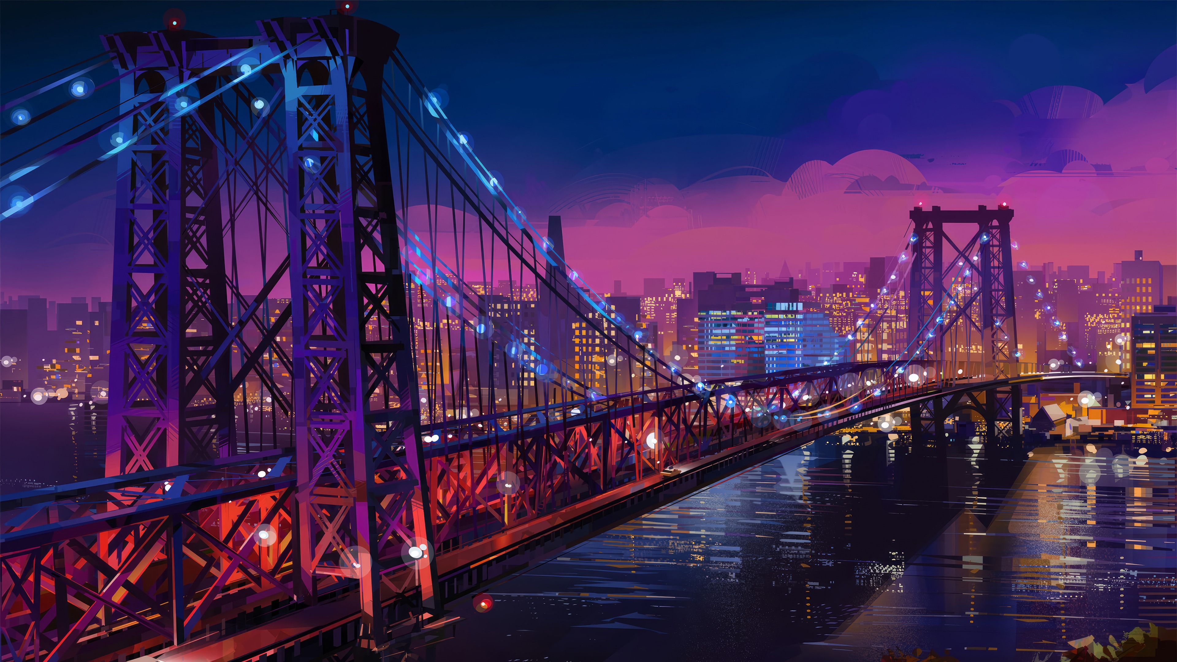 Night view of a bridge and cityscape in 4K HD Wallpaper