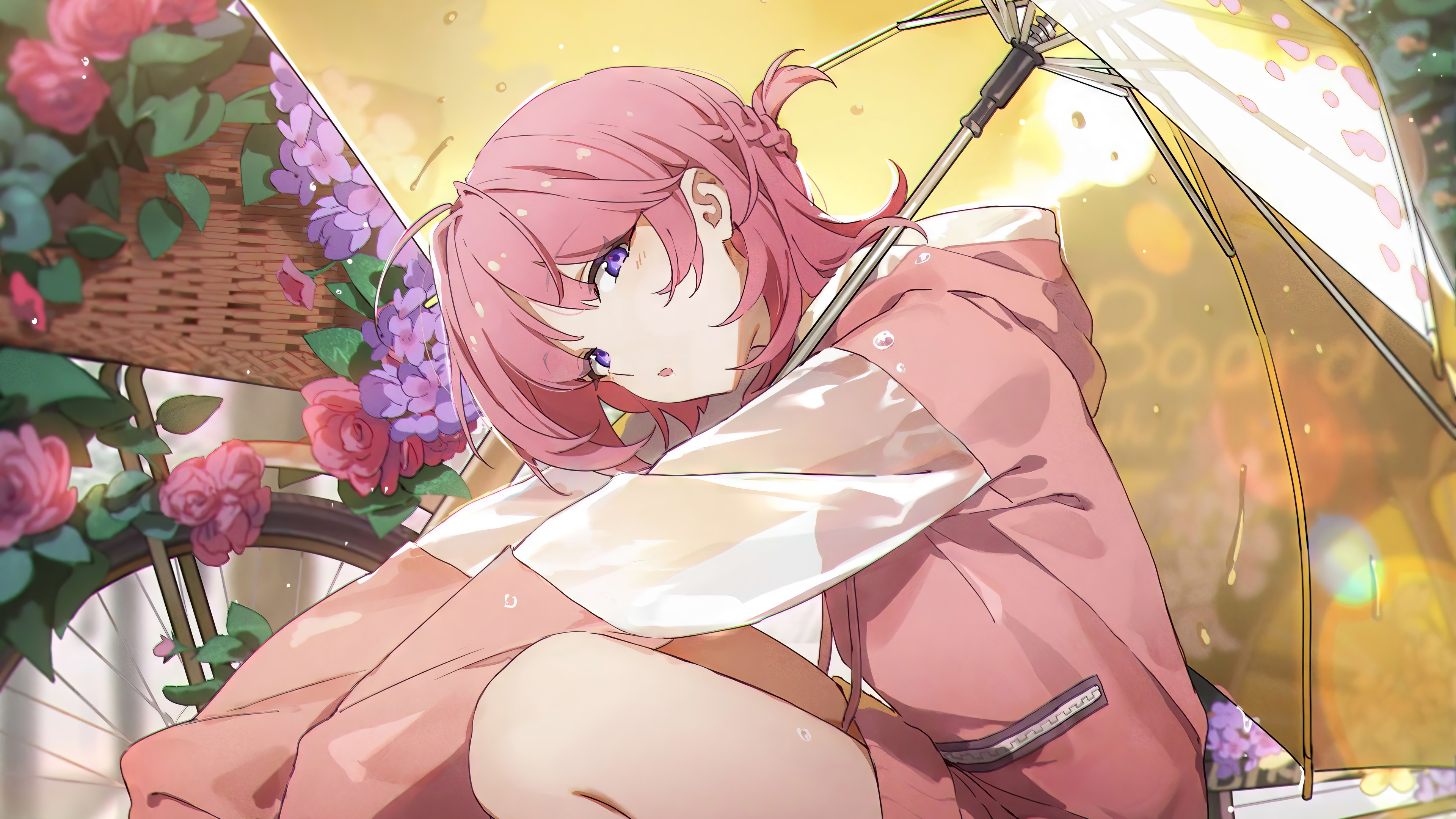 Anime Girl with Pink Hair and Umbrella in 4K HD Wallpaper