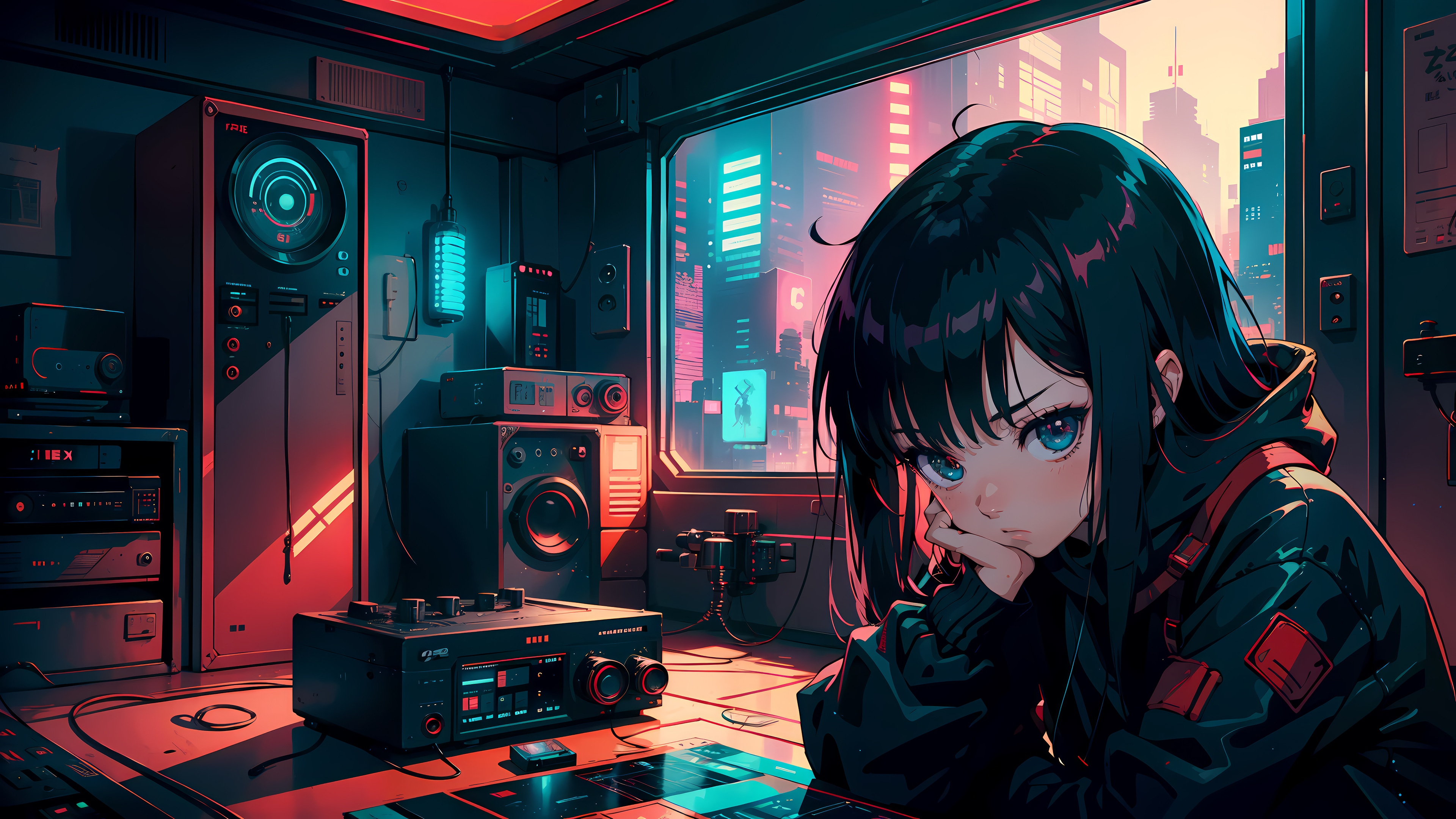 Sci-Fi Anime Girl in a Cyberpunk Room HD Wallpaper