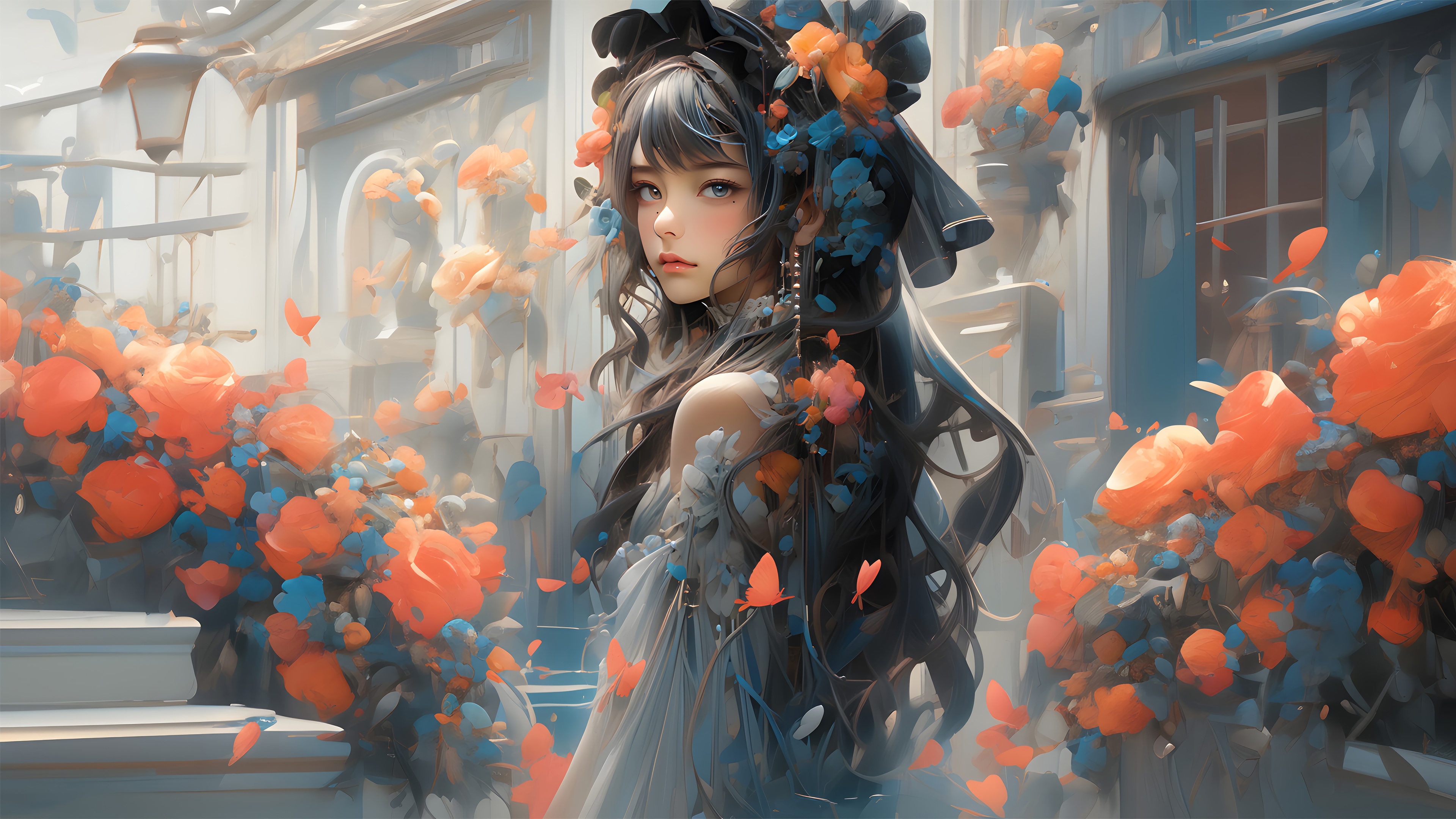 Fantasy Anime Girl with Flowers 4K HD Wallpaper