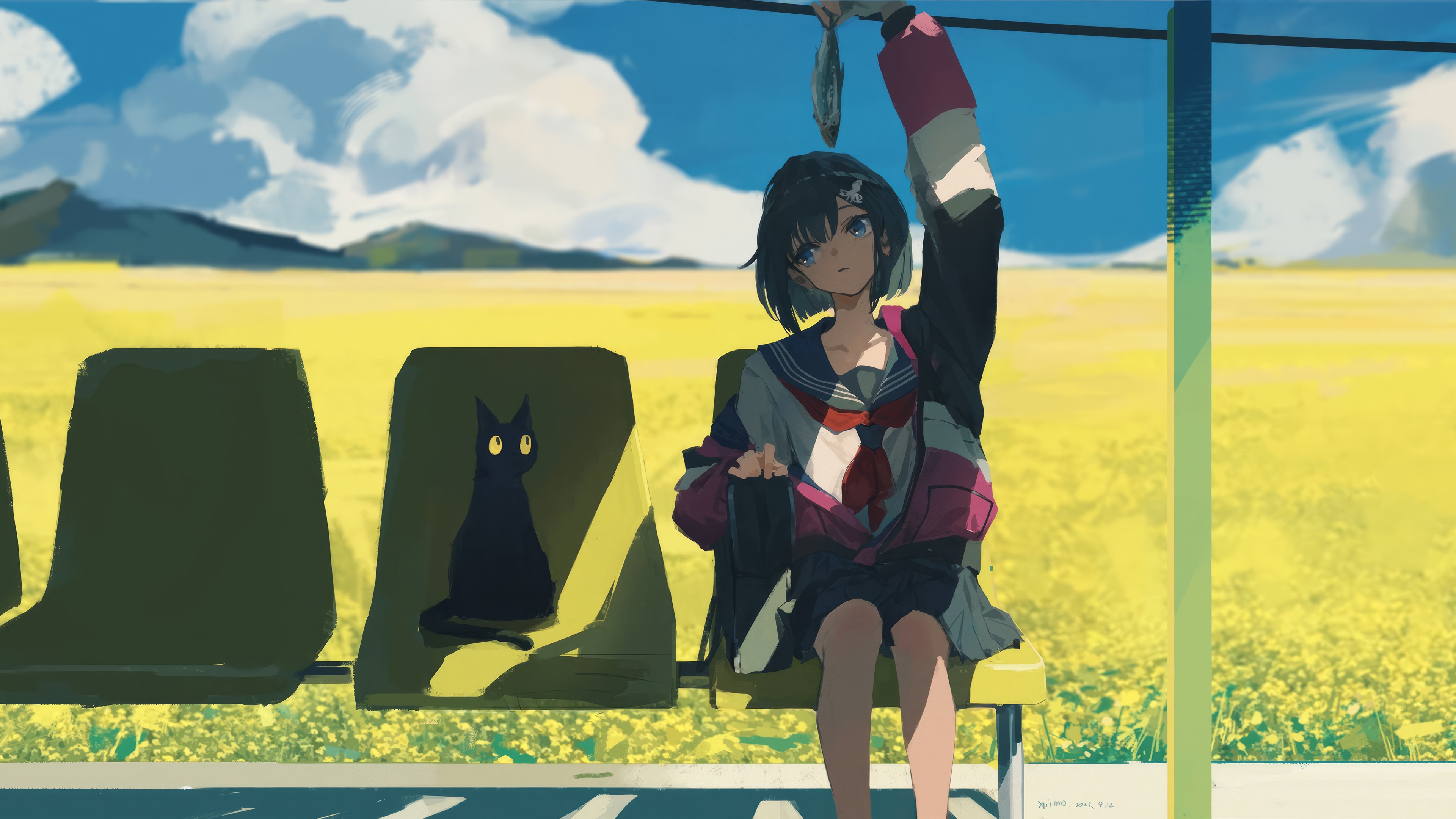 Anime Girl and Black Cat at a Bus Stop HD Wallpaper