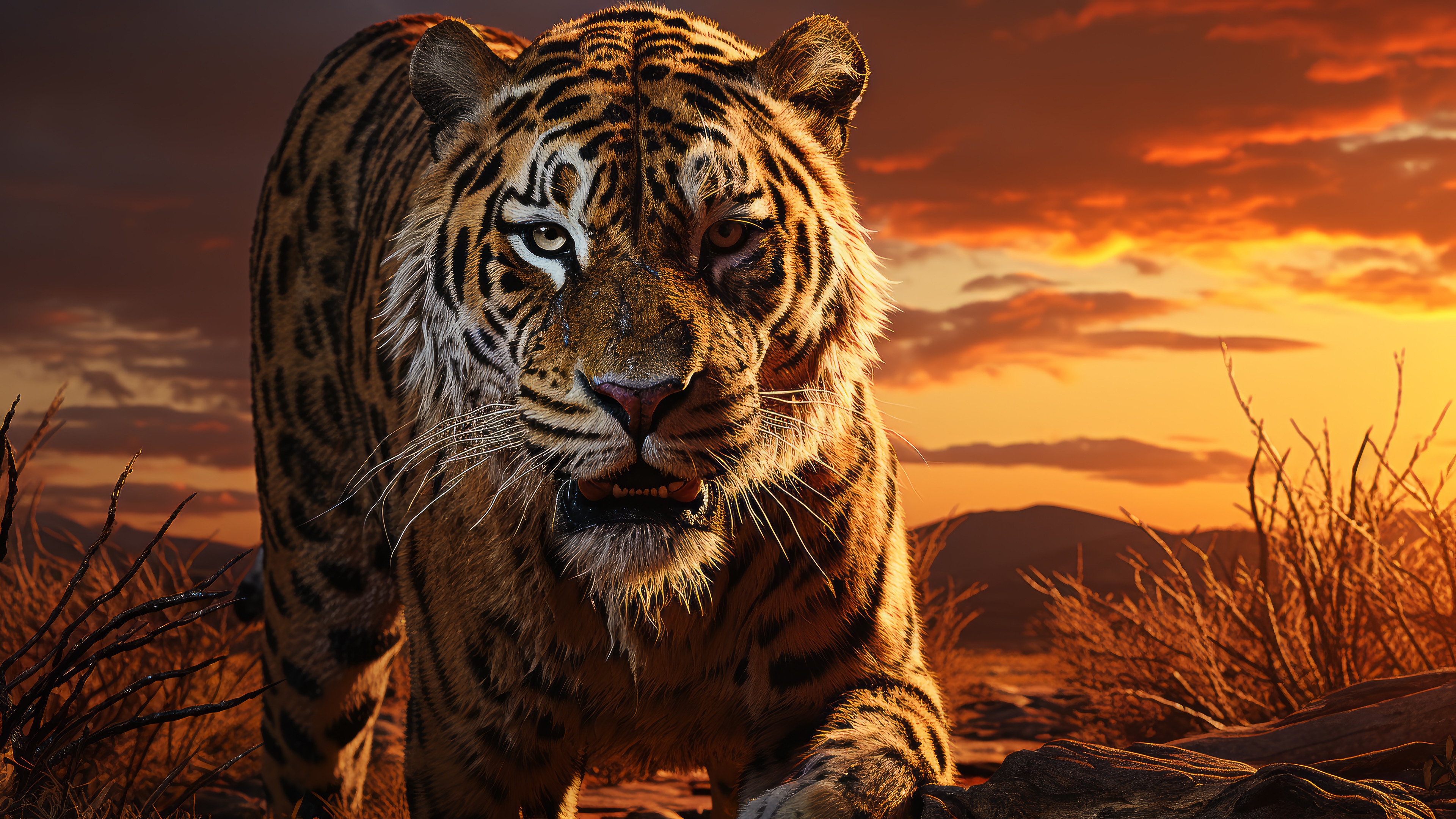 Tiger walking at sunset HD Wallpaper