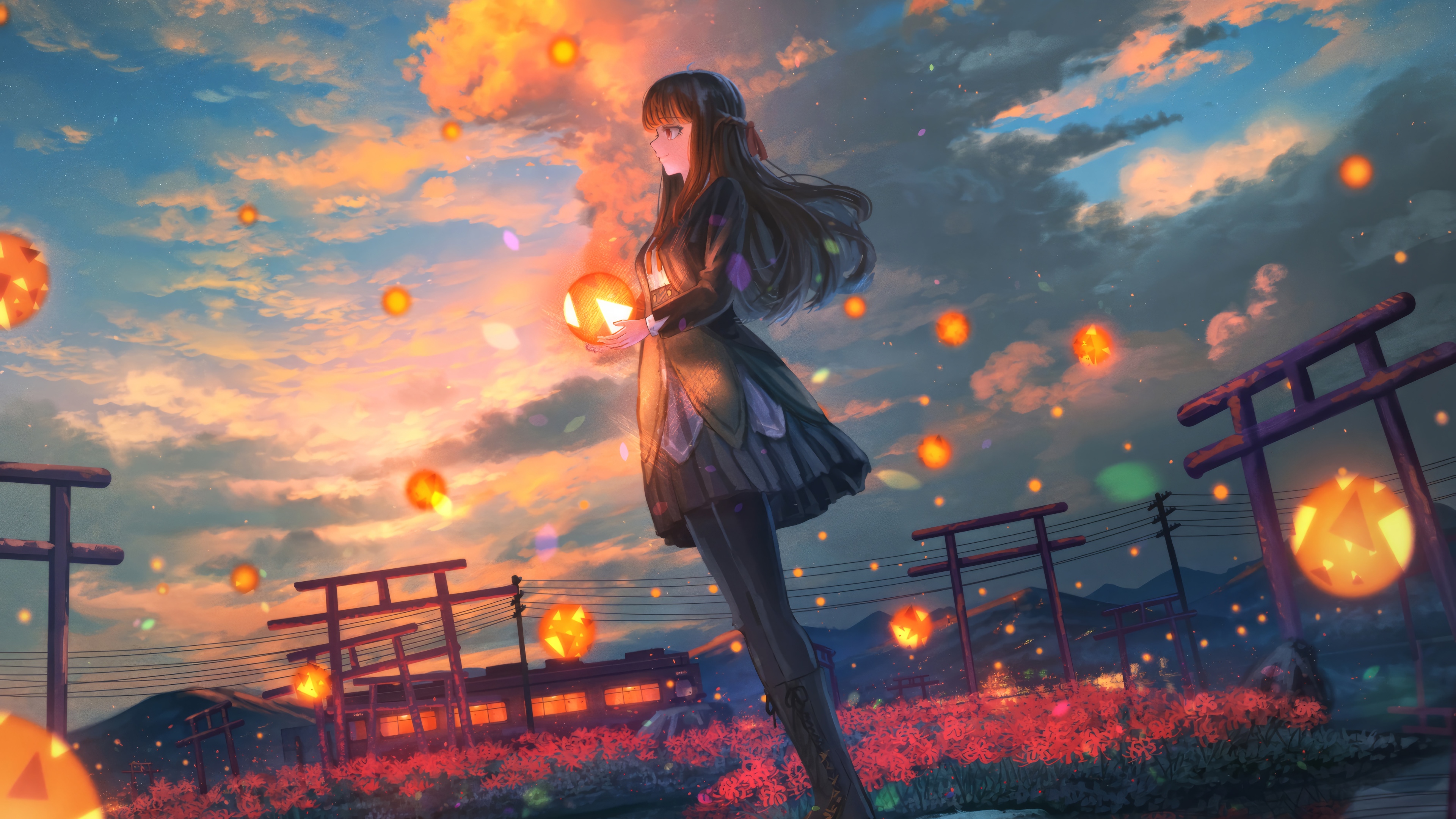 Anime girl holding lantern at sunset with torii gates HD Wallpaper
