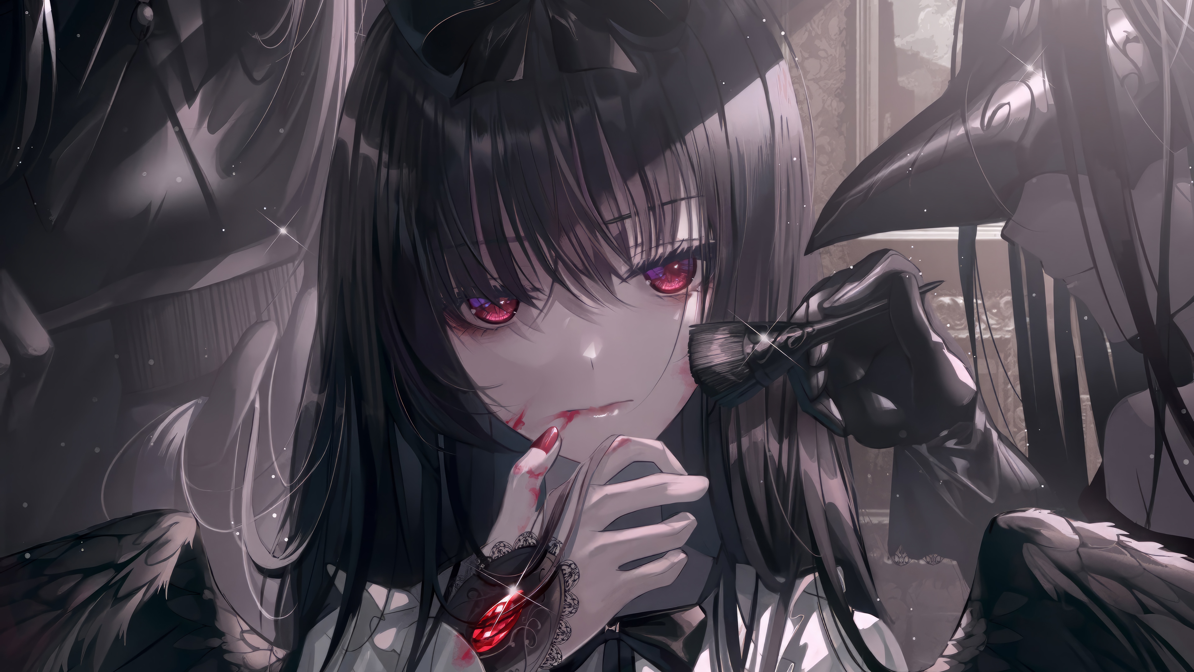 Anime Girl with Red Eyes and Black Wings HD Wallpaper